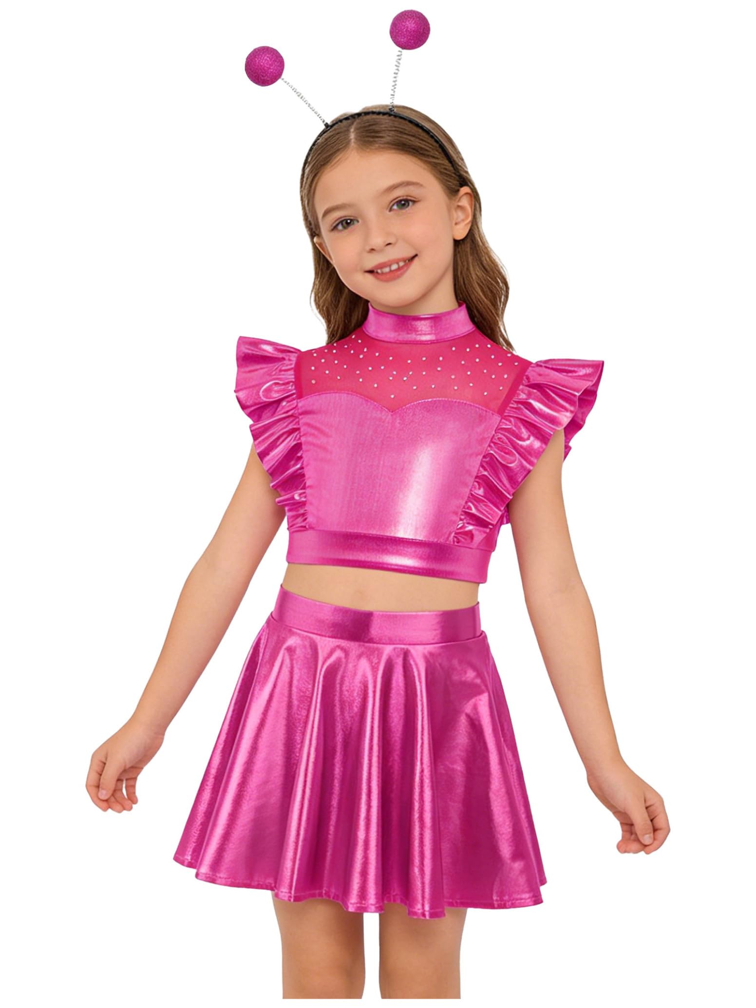 inlzdz Kids Girls Space Alien Costume Robot Dress Metallic Crop Top & Skirt with Antenna Headband 3-Piece Set Hot Pink 7-8 Years