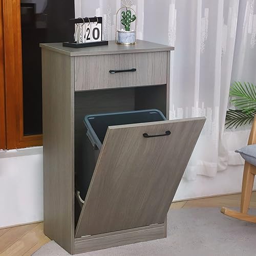 Miniatura 1 de NRZSSN - Cubo de basura inclinable o cesta de lavandería, estación de reciclaje de basura de madera para ocultar la basura con cajón extraíble,