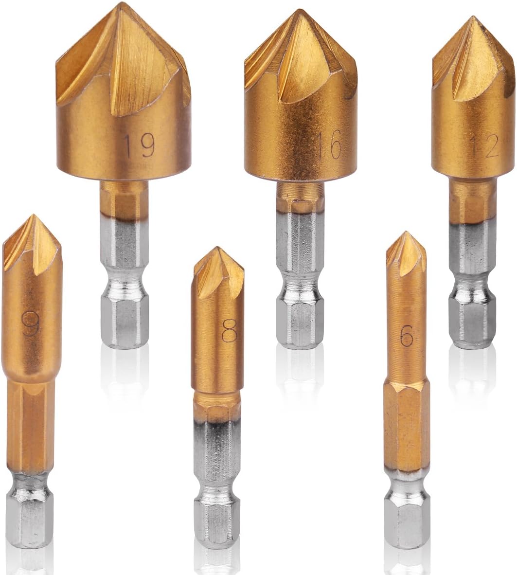 Countersink Drill Bits, Stageek Countersink Drill Bit Set 6 Pieces 1/4” HSS 5 Hex Shank Five-Blade Chamfering Drill Bit Center Punch Tool Set Titanium Plated for Wood DIY Quick Change Bit