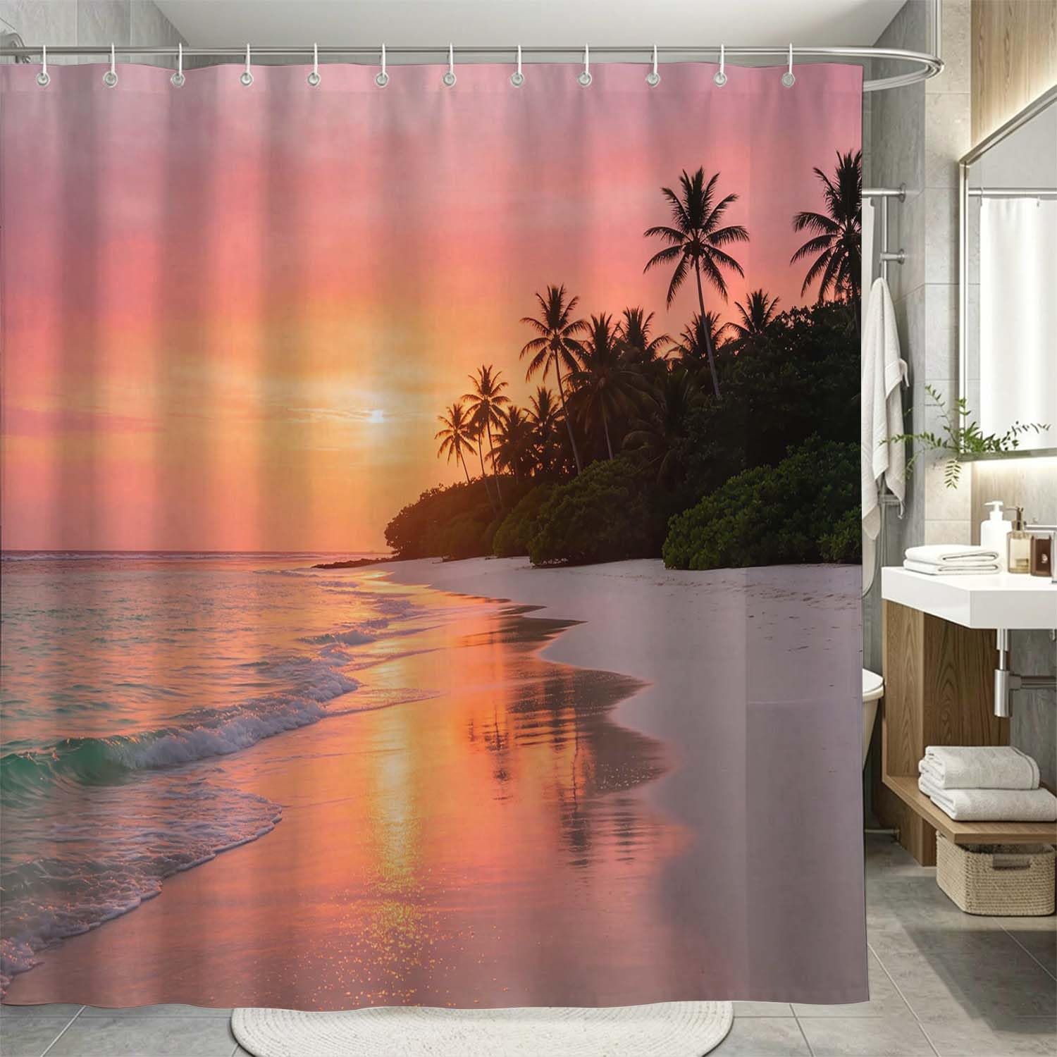 Rideau de Douche Anti Moisissure Coucher de Soleil sur la Mer, Rideau de Bain Hawaï 3D Rideaux de Douche en Polyester, Imperméable, Lavable en Machine, avec Crochets, 300 x 200 cm 1441-YLP