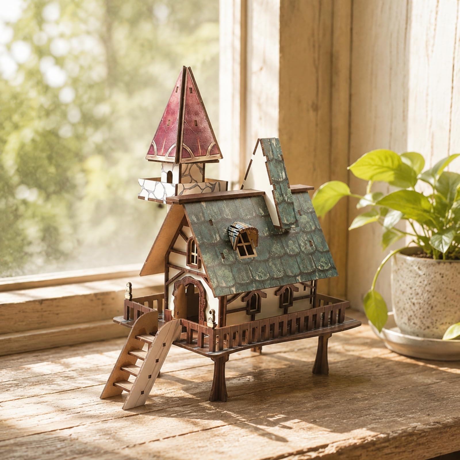 Maqueta 3D Casa Hadas Tallado con Torreta y Chimenea Creativo Adorno para Dormitorio