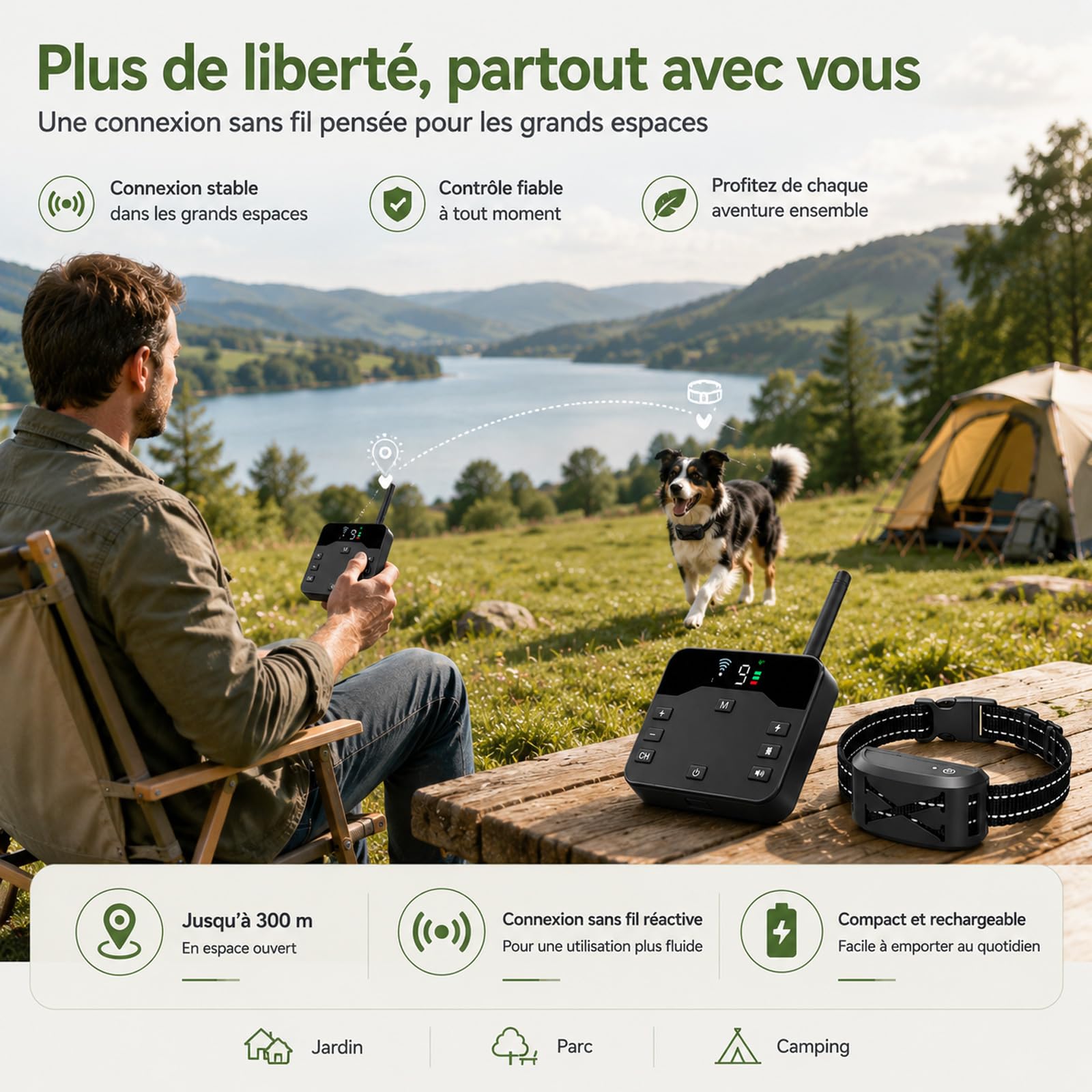Collier Anti-Fugue 2 en 1 Collier Anti aboiement Chien 3 Modes 9 Niveaux réglables étanche Collier de Dressage avec télécommande