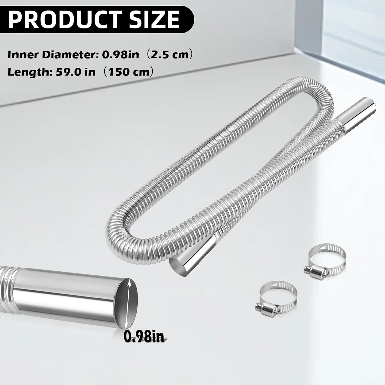 1 inch Stainless Steel Exhaust Hose, 59" Flexible Exhaust Pipe,Diesel Heater Flexible Exhaust Tubing with 2 Hose Clamps Generator Exhaust Hose Parking Air Heater Fuel Tank Diesel Gas 59in/150cm