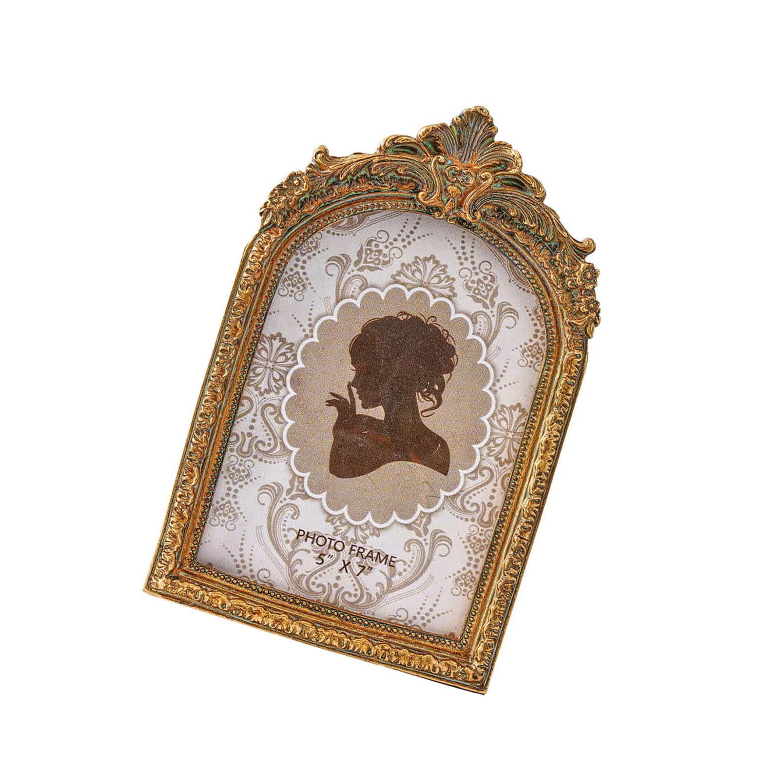 Decorative Portrait Picture Frame, Vintage Arched Resin Frame with Antique Brown Gold Finish for Shelf Styling Ornate Portrait Antique Tabletop Picture Holder Mantel Entryway Shelf Display Wedding