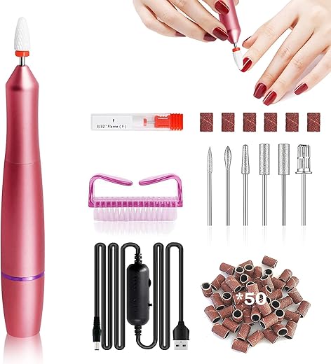 Electric Portable Nail Drill Machine Set for Acrylic Nail Gels- Perfect USB Nail File Grinder DIY Manicure Pedicure Tool (Rose Gold)