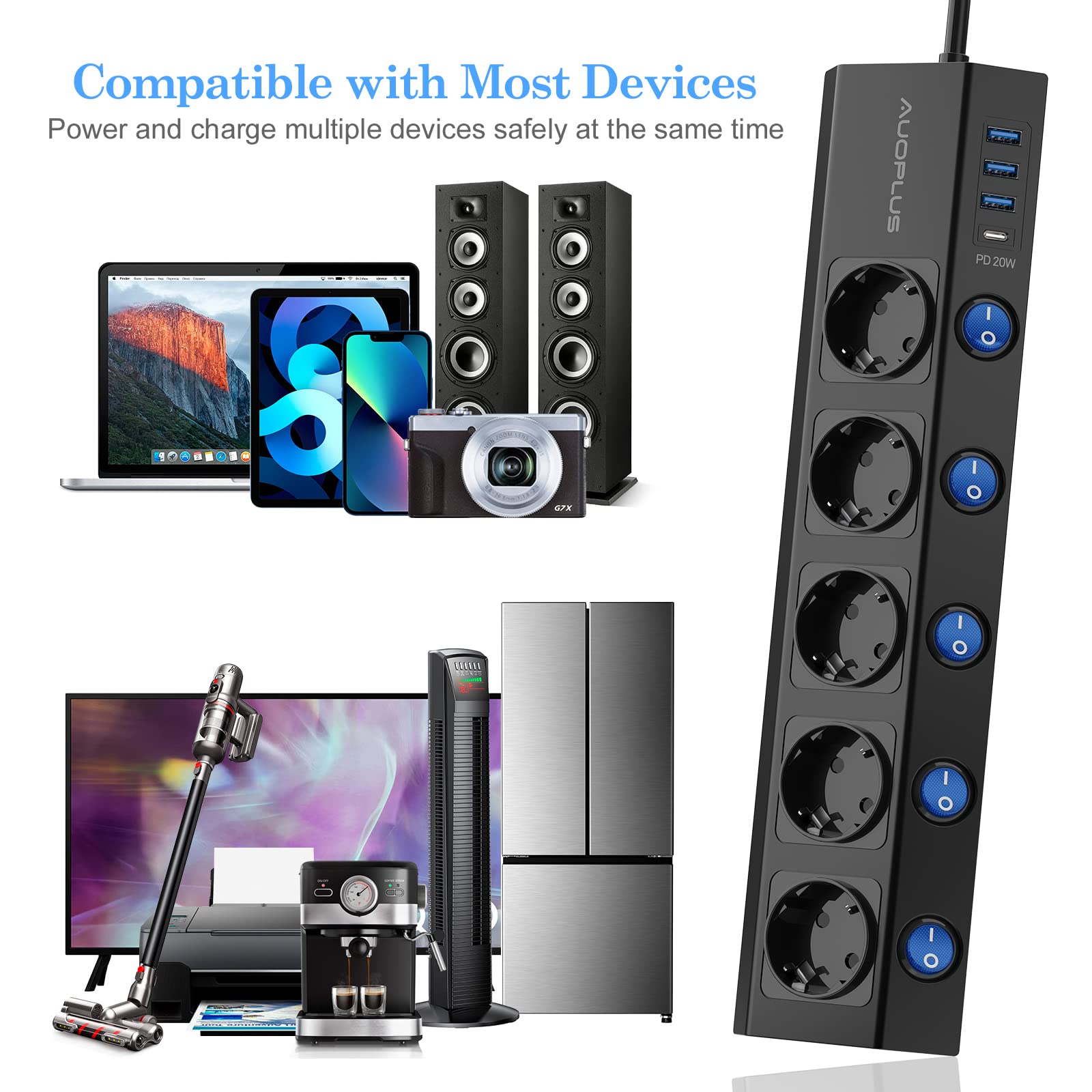 Multiprise commutable individuellement, 5 prises, montage mural, avec 1 chargeur rapide USB-C (PD 20 W) et 3 multiprises USB, multiprise avec protection contre les surtensions (3680 W/16 A), câble de