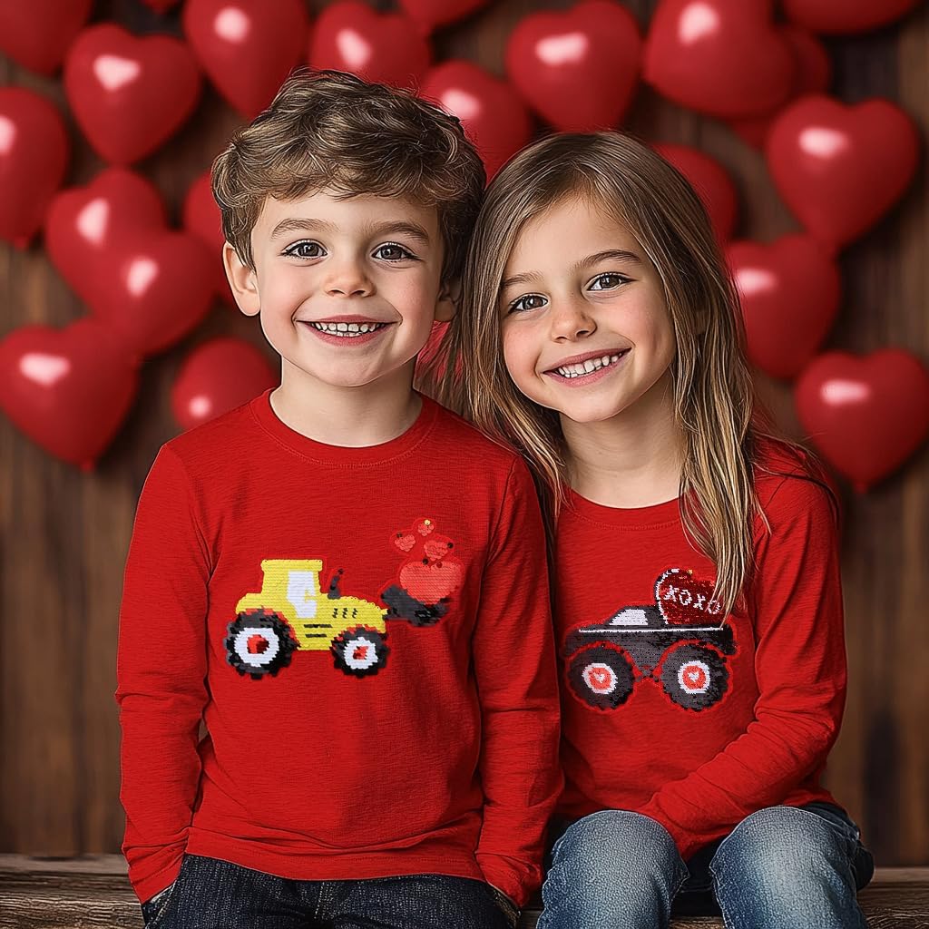 Valentine's Dinosaur Shirt for Toddler Boy Monster Truck Heart Flip Sequin T-Shirt Tractor Long Sleeve Kids VDAY Tops - Image 2