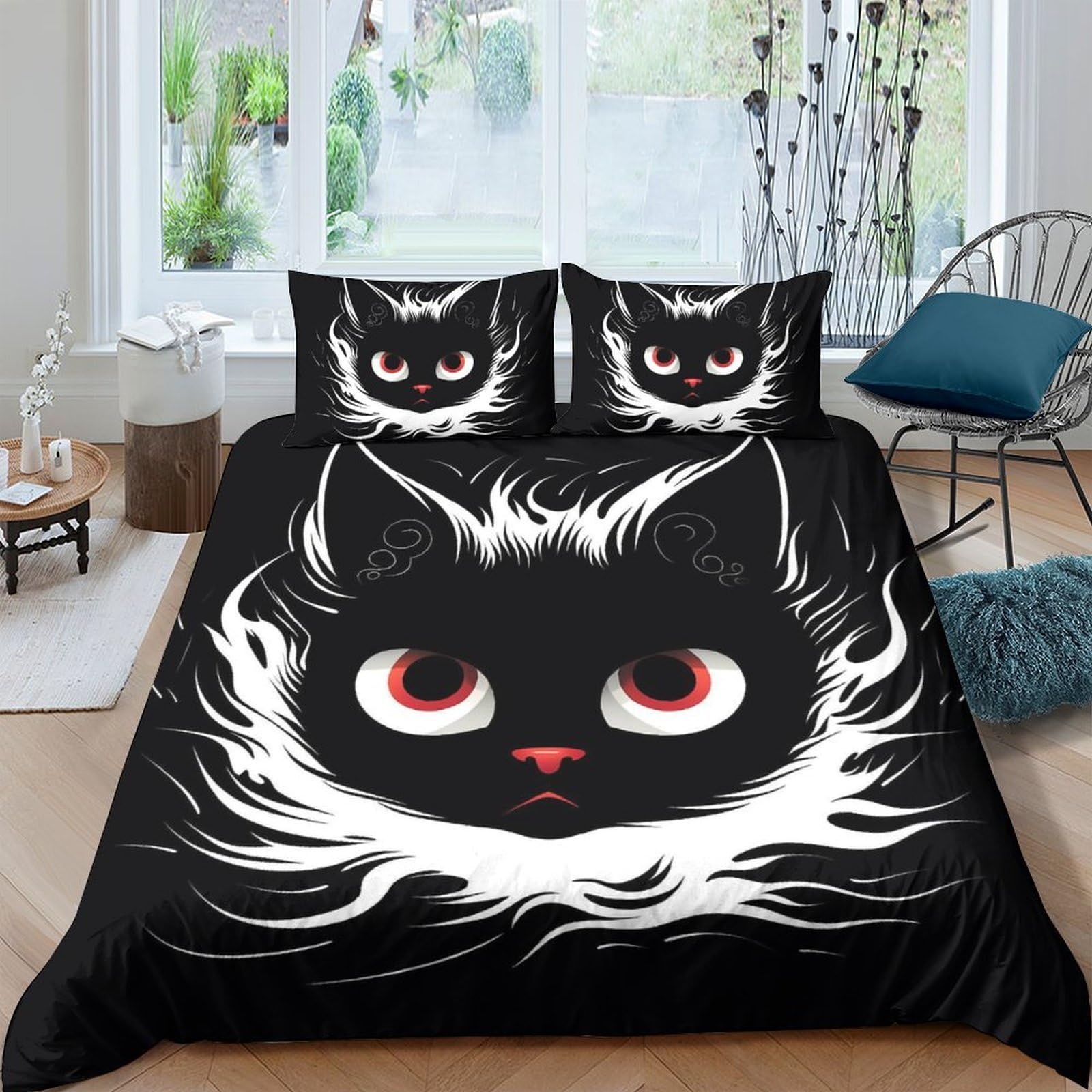 Ctjqhvkz Style-1 3D Printed Black Cat Face Fitted Sheet Microfiber Soft Bedroom Decor White Fluffy Artwork Mattress Cover Single（135X200cm）
