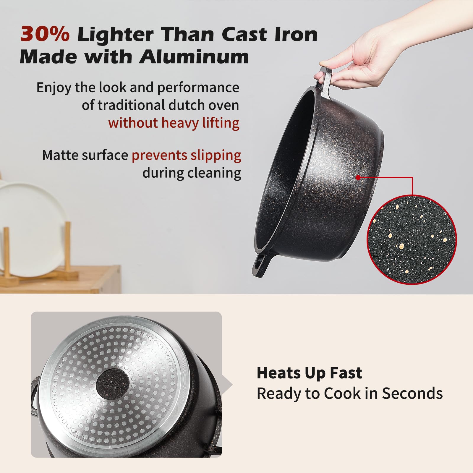 Casseruola in ghisa a induzione 28 cm, pentola rotonda 6,3 l, in ghisa di alluminio, con rivestimento antiaderente, pentola con coperchio, ideale per zuppa, stufati, pane, forno e gas, nero