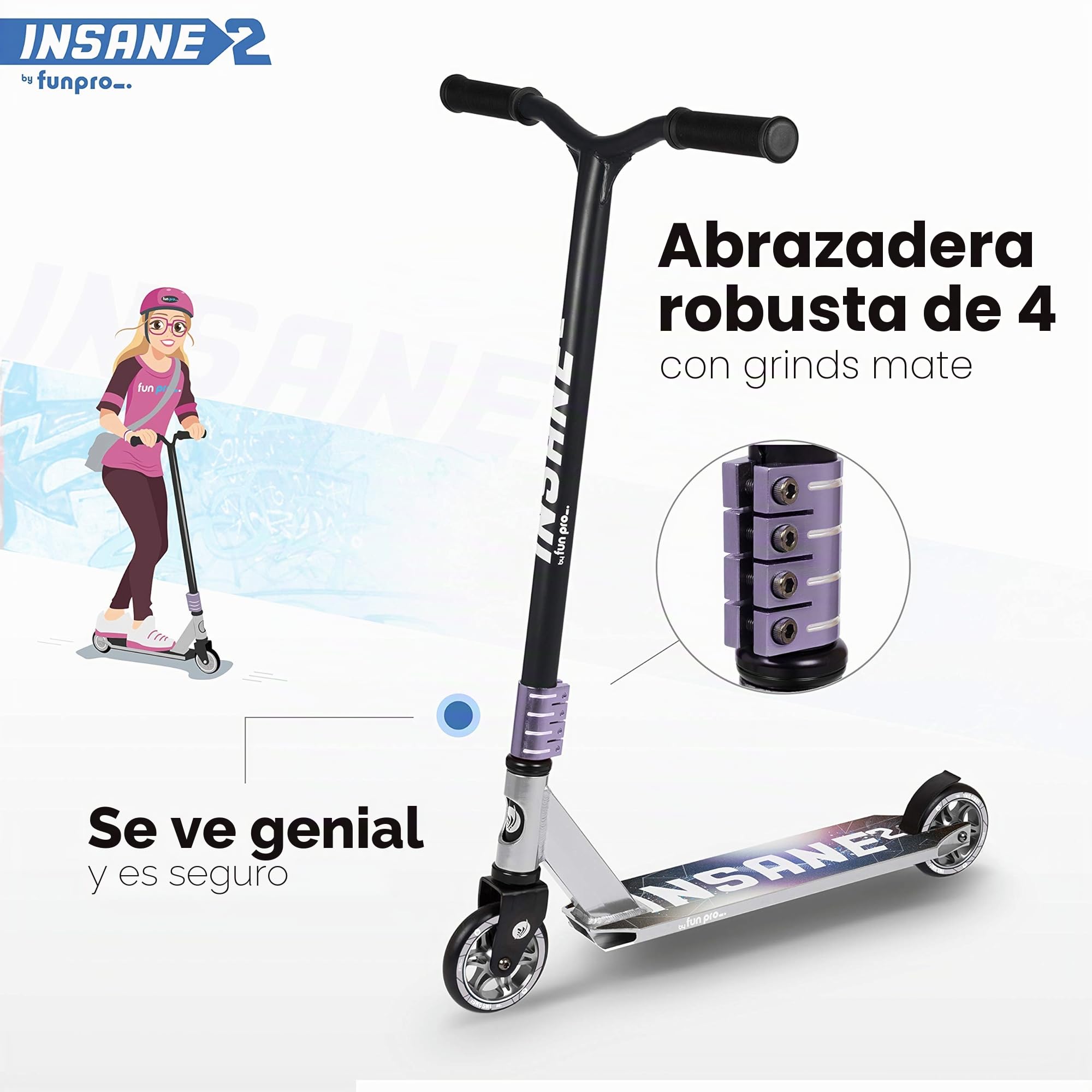 Fun Pro Insane2, Scooter acrobático hasta 100 KG, 36 Meses de garantía, ABEC9, HIC, Ruedas de 110mm con núcleo de Aluminio, Distribuidor de Hamburgo (Stunt Fun Trick Scooter)