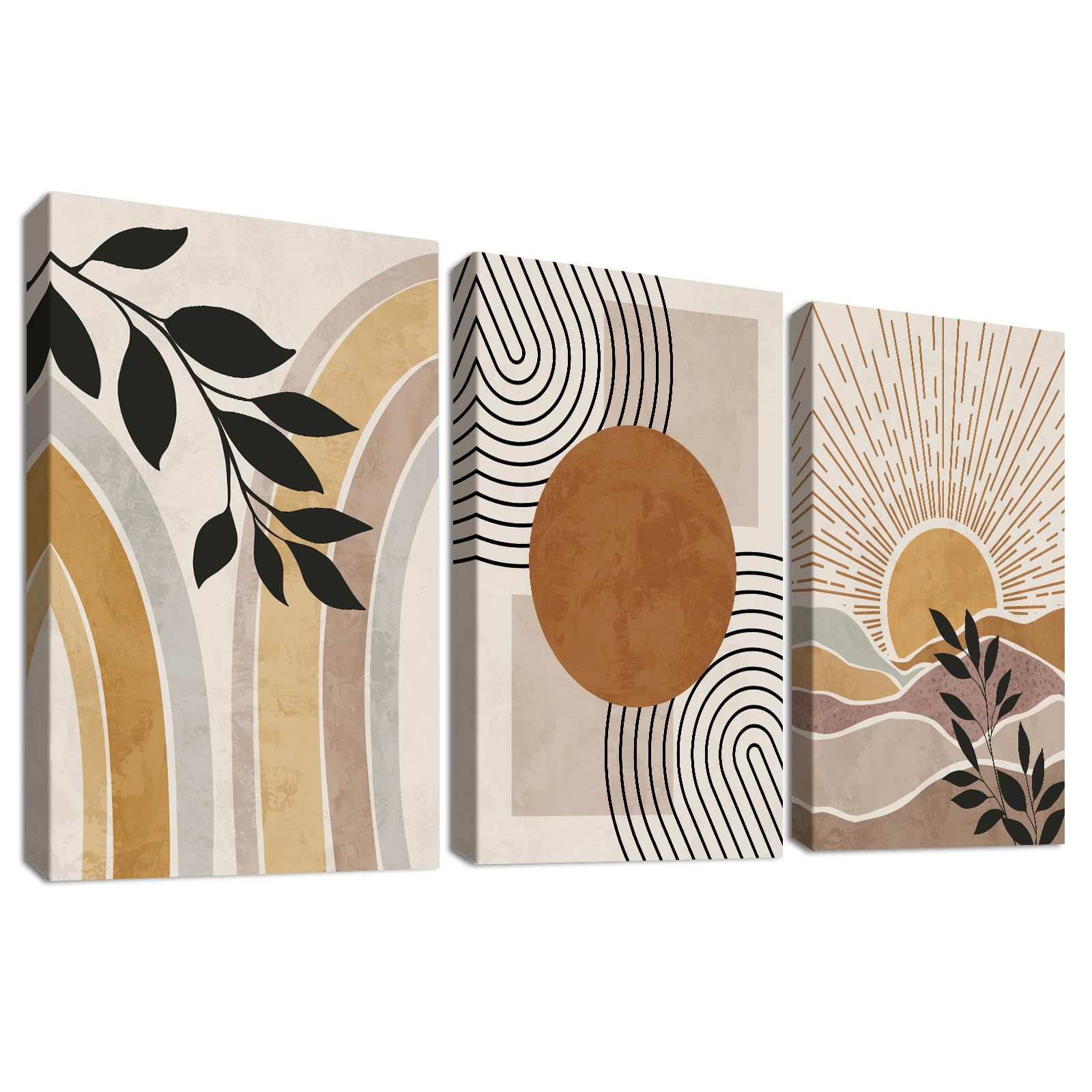 3 Pcs Wooden Framed Canvas Wall Art Canvas Prints Boho Mid Century Modern Painting Bohemian Nature Plants Desert Sun Pictures for Living Room Bedroom Bathroom Hallway Wall Decor 40x60 cm x3pcs