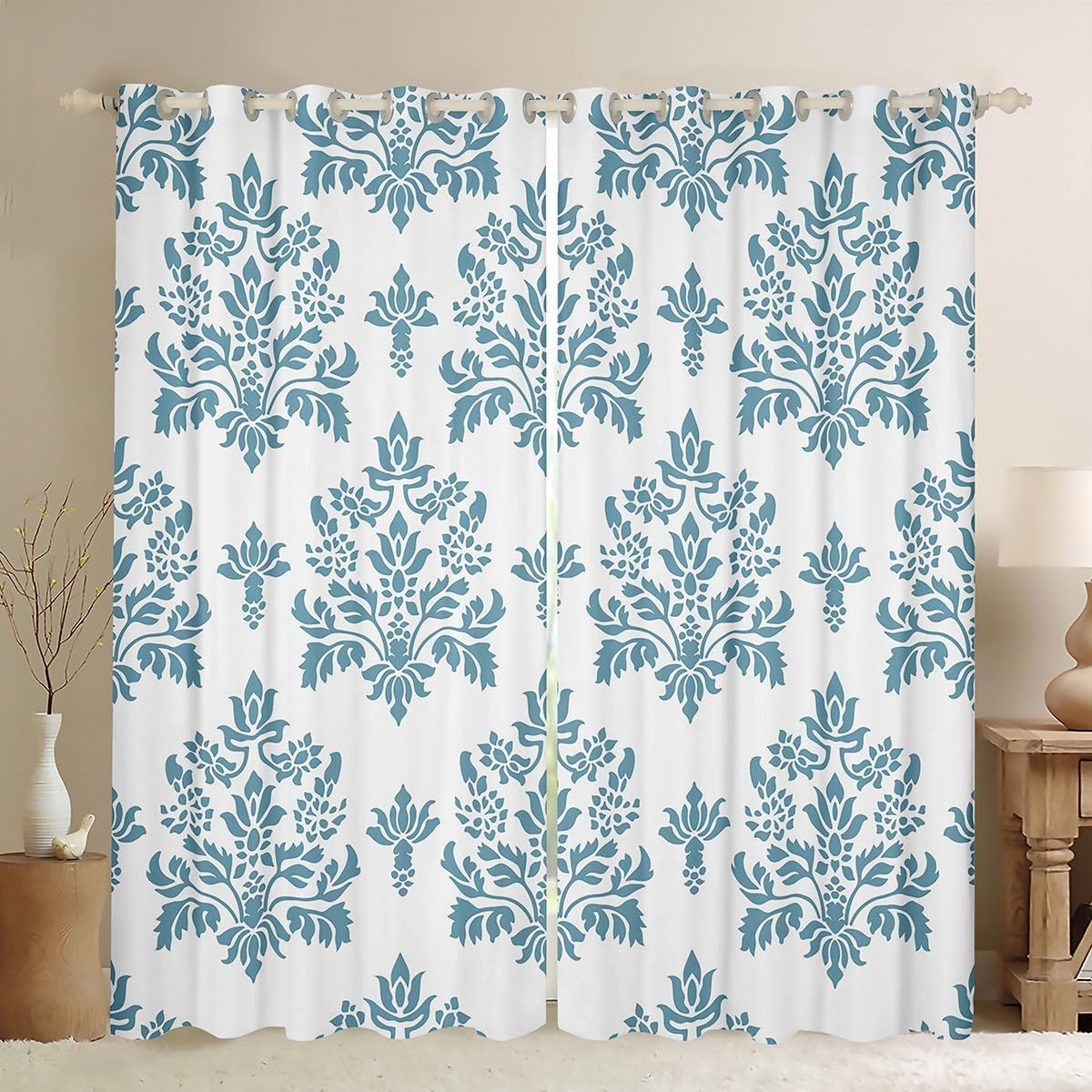 Erosebridal Vintage Damask Curtains 42"x84",Antique Baroque Victorian Goth Window Curtains Drapes for Women Men Adults,Boho Bohemian Blue Damask Window Treatments,Gothic Floral Decor