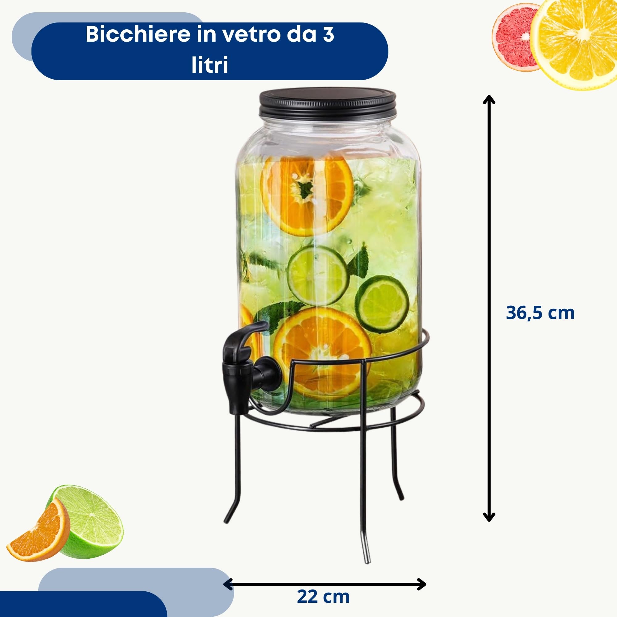 Dispenser di vetro con rubinetto e supporto nero per rubinetto, 3 l