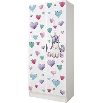 Leomark Roma 2-Door Wardrobe Functional Sliding Door Wardrobe Dim 70 x 42.5 x 161.5 H cm Wardrobe Furniture for Children UV Print Unicorn
