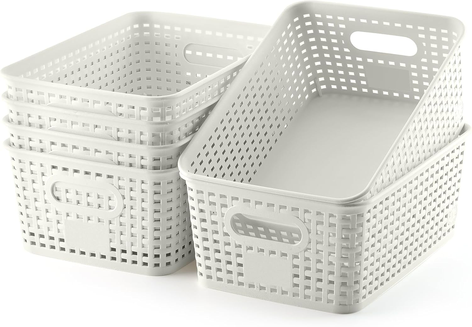 Plastic Storage Baskets 6 Pack Sturdy Storage Organizer Basket Woven Plastic Storage Bins for Shelves,Closet,Countertops, Desktops, Cabinets and Badrooms,Saving Storage, Stylish Design,White