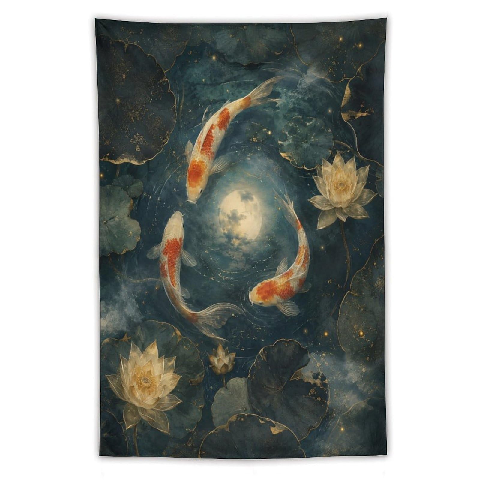 W7C8U2X3 Koi Fish Moon Wall Tapestry, Watercolor, Minimalist Asian Art