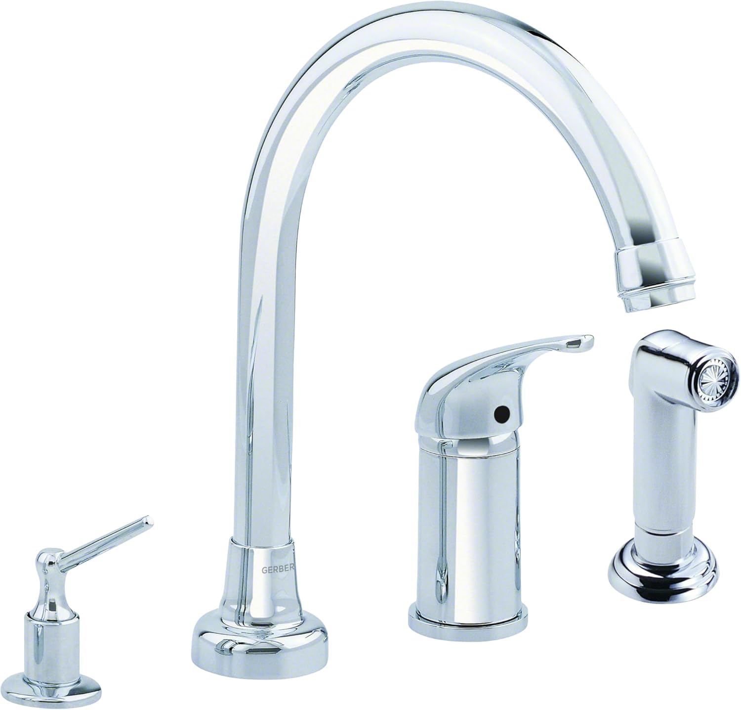 Gerber Melrose SKitchen Faucet with Side Spray and Soap Dispenser - Transitional 4-Hole Single Handle Kitchen Sink Faucet, Swivel Spout, Heavy-Duty Brass, Stainless Steel Finish