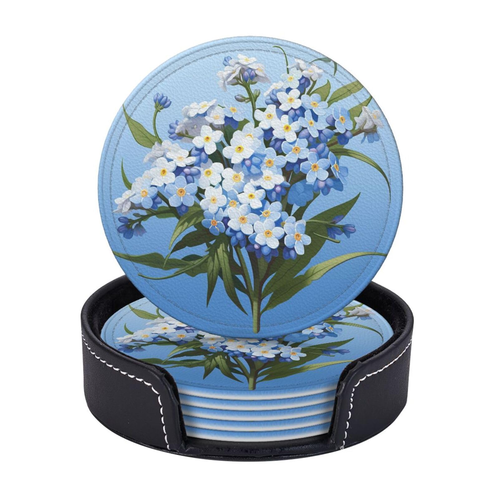 Drink Coasters 6 PCS Round Leather Coaster Do Not Forget Me Coasters for Drinks Non-Slip Mugs Pads with Holder Personalized Cups Pad Mat for Coffee Table Kitchen 10 CM