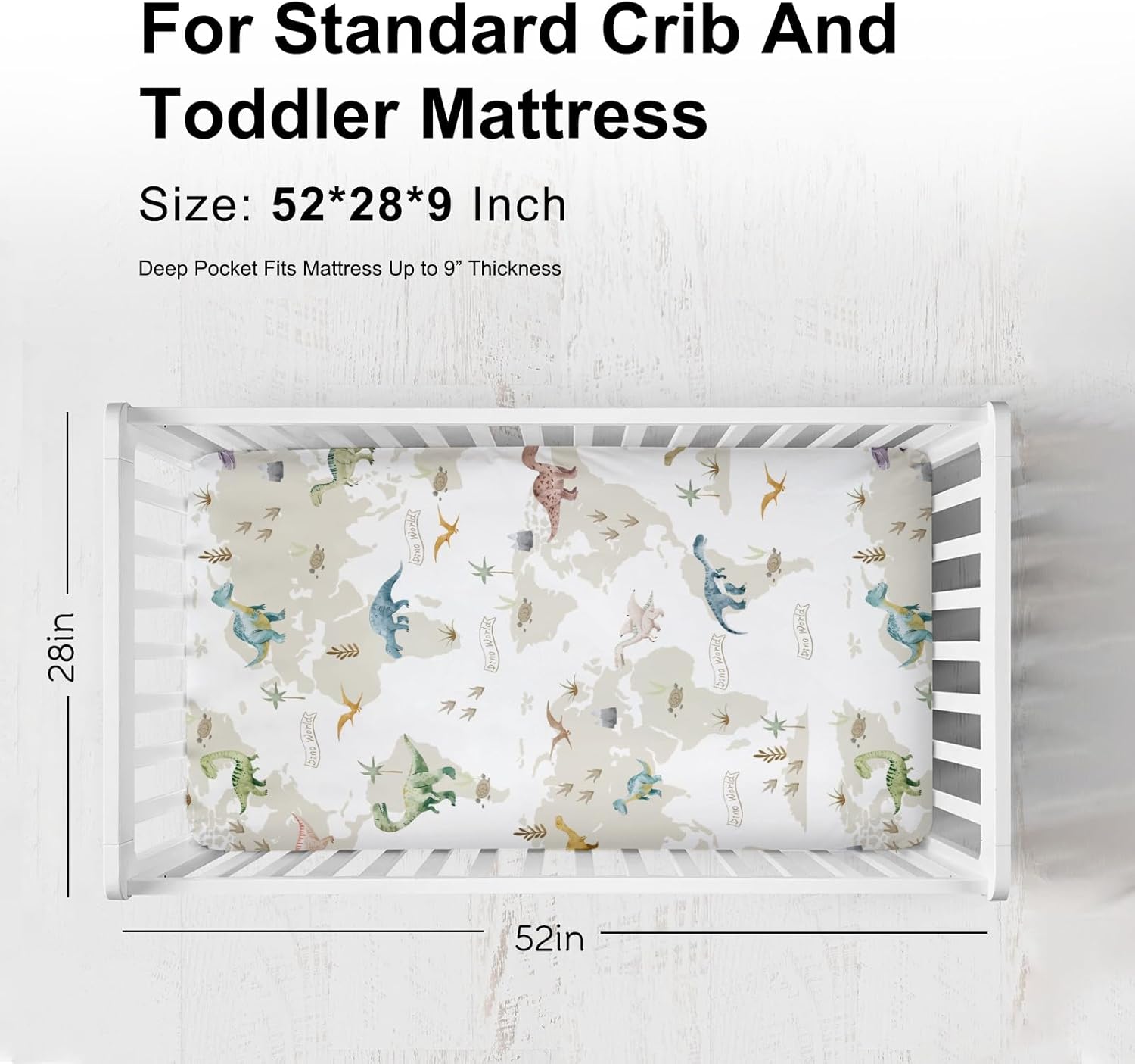 Colorful Dinosaurs Map Baby Crib Sheets for Boy Girl 52"x28" Cartoon Dinosaur Fitted Crib Mattress Covers Jungle Animal Soft Breathable Baby Bed Sheet Fits Standard Crib and Toddler Mattress Pads