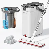 Mop de Limpeza Lava e Seca com 4 Panos de Reposição, Mop Flat com Tanque de Água Dupla (Limpa/Suja), Ideal para Pisos de Cerâmica e Paredes - Branco