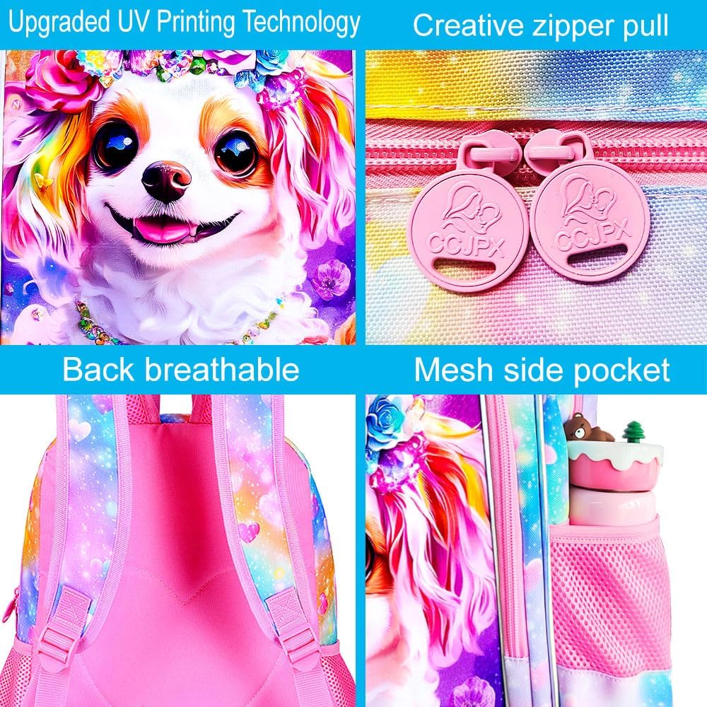 16" Dog Backpack for Girls, 3Pcs School Backpacks Set for Elementary Preschool Kindergarten, Kids Bookbag with Lunch Box (Rainbow)