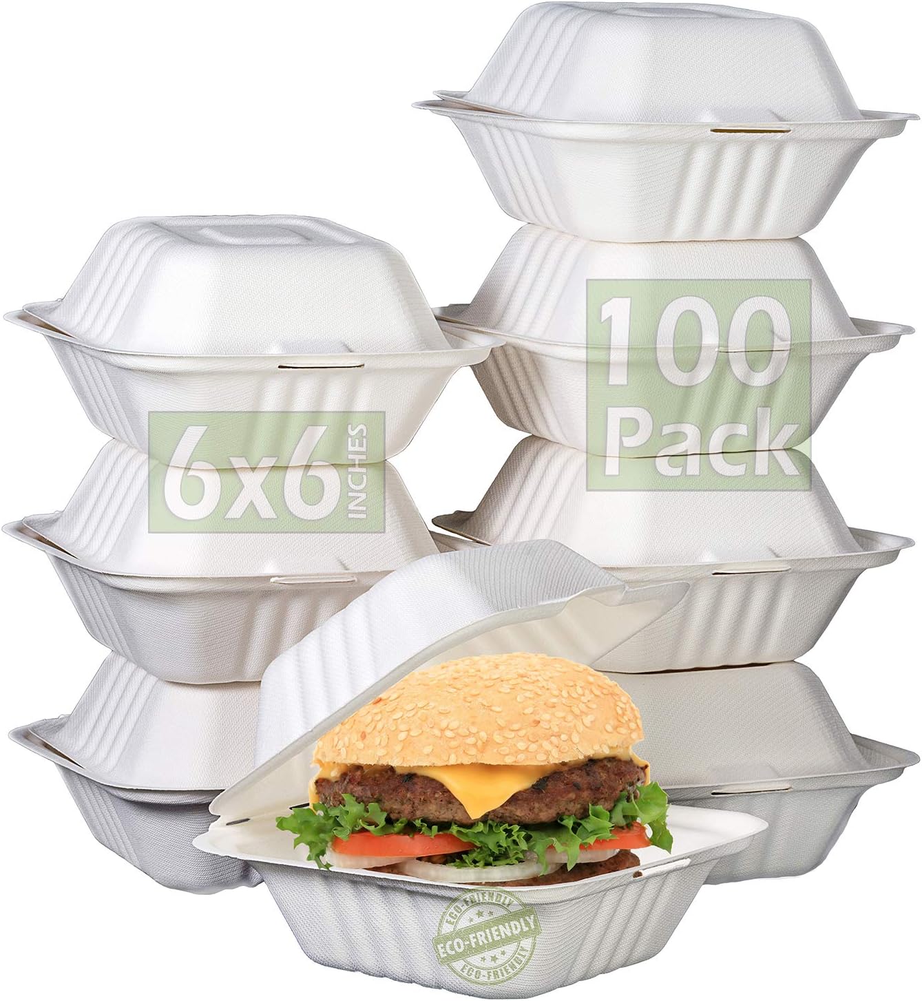 6-Inch, 100-Count, Compostable Clamshell, Natural Bagasse (Sugarcane Fiber), Take-Out/to-Go Food Boxes - Biodegradable Containers, Hinged Lid Microwave-Safe Gluten-Free Eco-Friendly