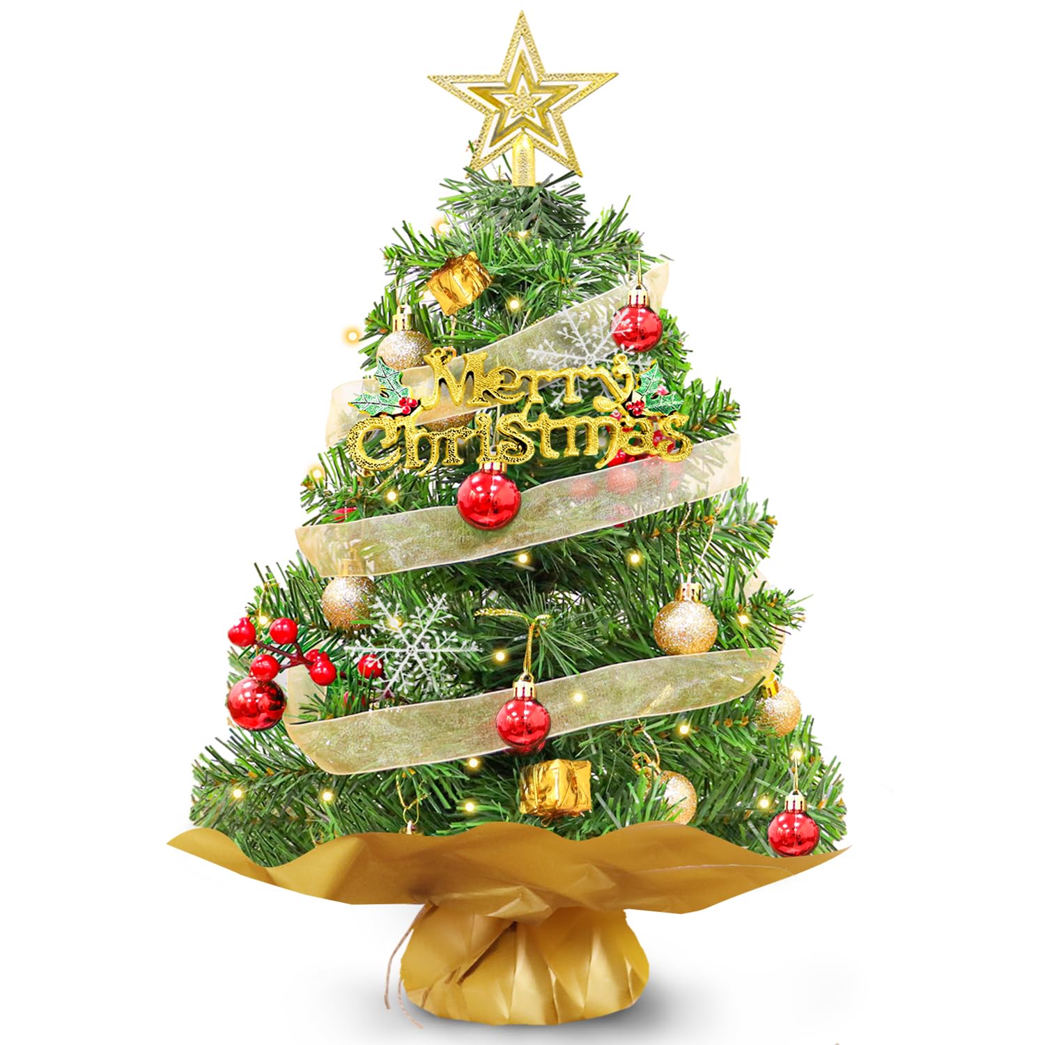 MODFUNS Small Green Christmas Tree Artificial Mini Christmas Tree with Lights Miniature Xmas Tree Christmas Trees with Plastic Base Vintage Xmas Pine Tree for Holiday Party Decorations