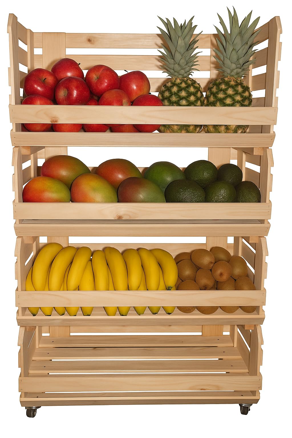 Scaffale per frutta Bernd XXL con 4 cassette impilabili, in legno di conifere, 115 x 58 x 40 cm