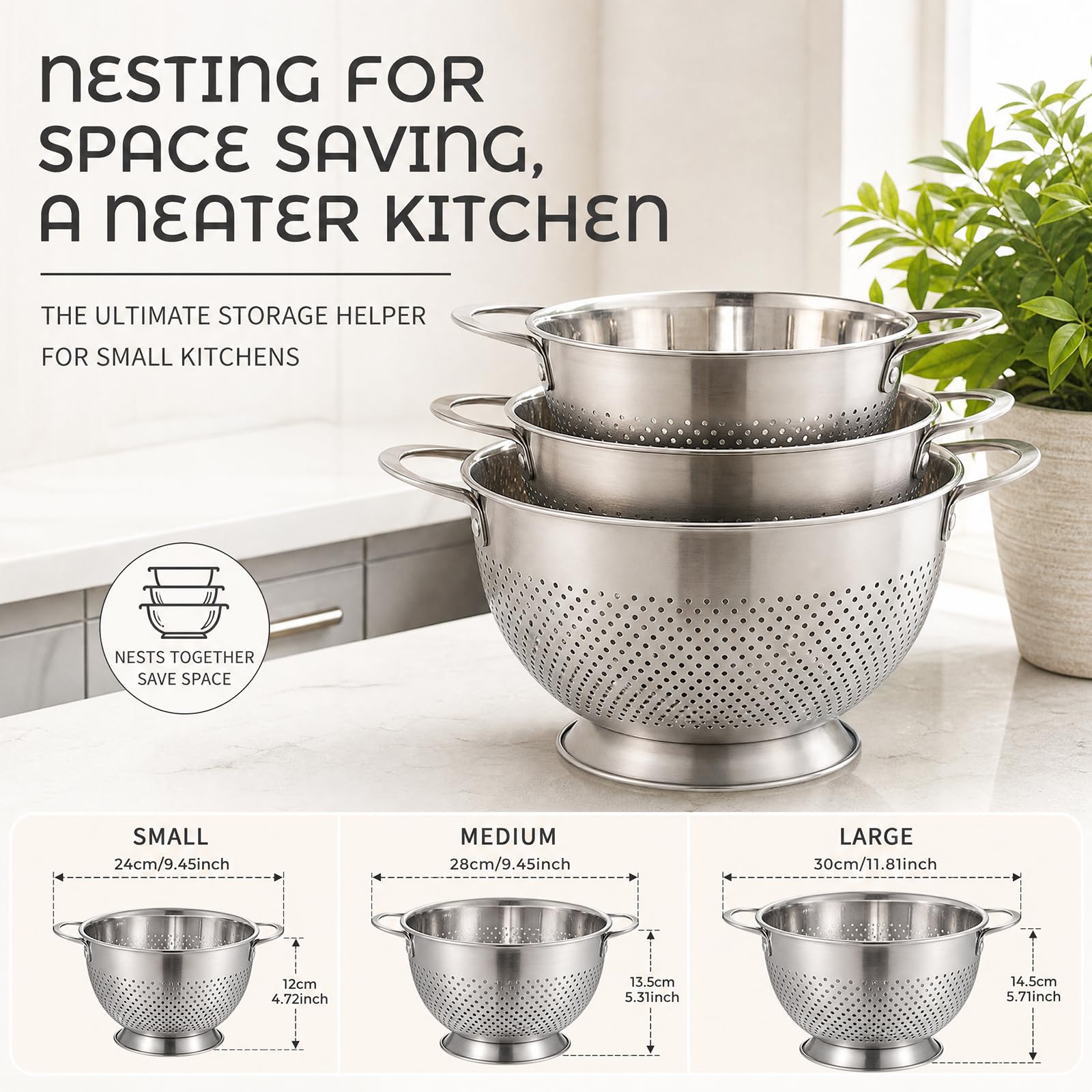 Juego de 3 coladores para pasta (acero inoxidable, 20/24/26 cm)