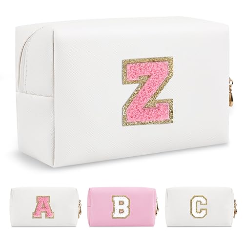 Miniatura 146 de Bolsa de maquillaje personalizada con inicial A-Z Preppy Patch, pequeña bolsa de cosméticos de PU con letra de chenilla y cierre para niñas Negro