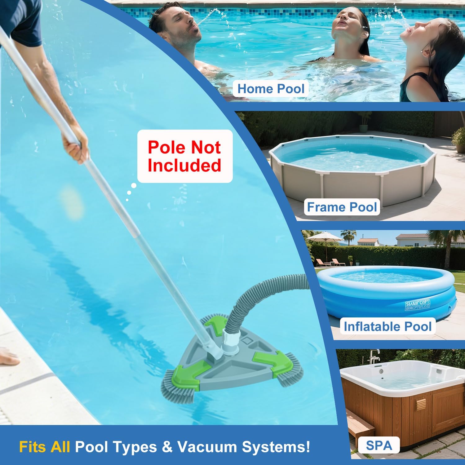 Weighted Triangular Pool Vacuum Head with Side Brushes, 13.5" Manual Pool Cleaner Head, Fit for 1.25" & 1.5" Hose, Cleaning for Above Ground & Inground Swimming Pools, Vinyl Liner Floor, Step, Corner