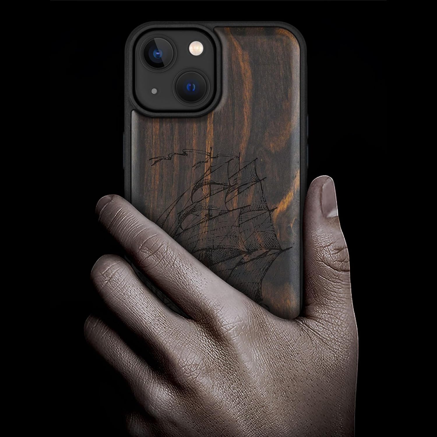 Carveit Magnetic Wooden Case for iPhone 15 Case, Compatible with MagSafe Wireless Chargers, Black Soft TPU Shockproof Cover & Wood Artisan Engraved (Pirate Ship) - Blackwood