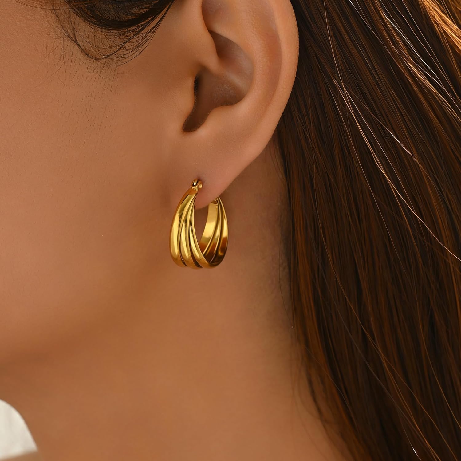 Gold Chunky Hoop Earrings for Women 18K Gold Plated Oval Hoop Earrings Trendy Lightweight Irregular Large Hoops Earring - Image 2