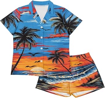 PinUp Angel Womens Fruit Floral Donut Print Short Pajama Set Collar Button Down Top Cute Graphic Sleepwear Loungewear