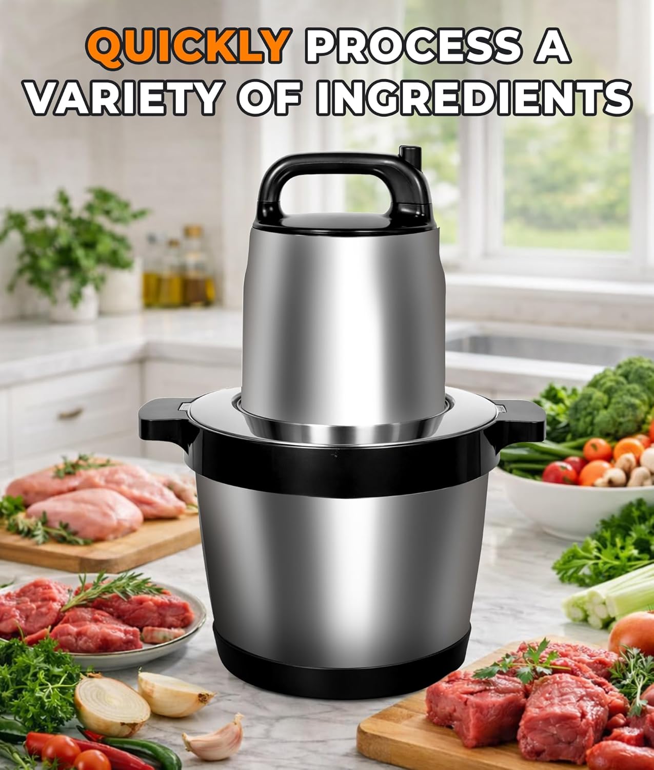 8L Meat Grinder for Home use, 1200W Large Food Processor，26-Cup Meat Grinder Electric with 2 Speed Modes & 4 Bi-Level Blades，Vegetable Chopper Electric for Onion, Meat, Nuts, Fruit, Meal Prep