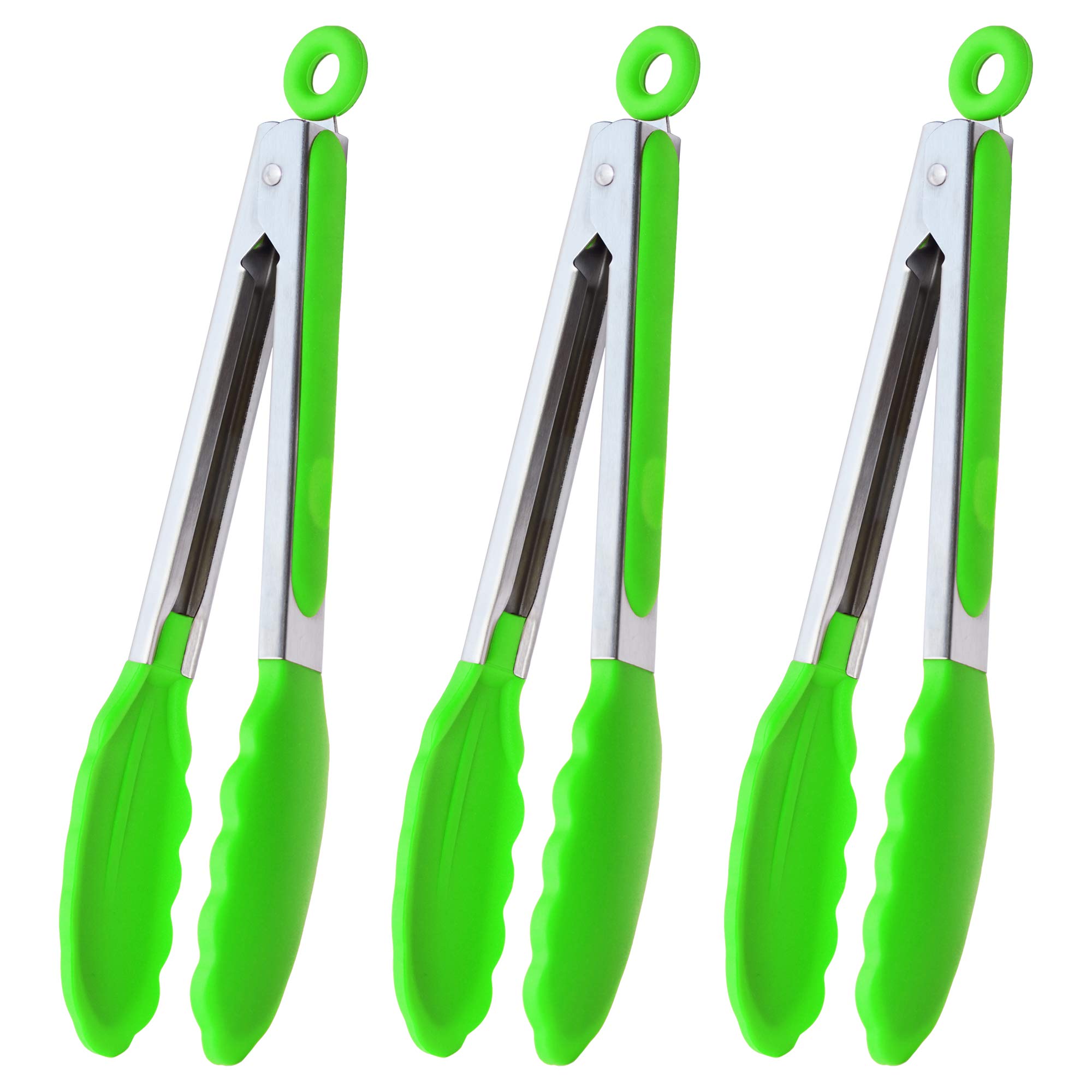 HINMAY Silicone Tongs 9" Stainless Steel Kitchen Tongs, Set of 3 (Green)