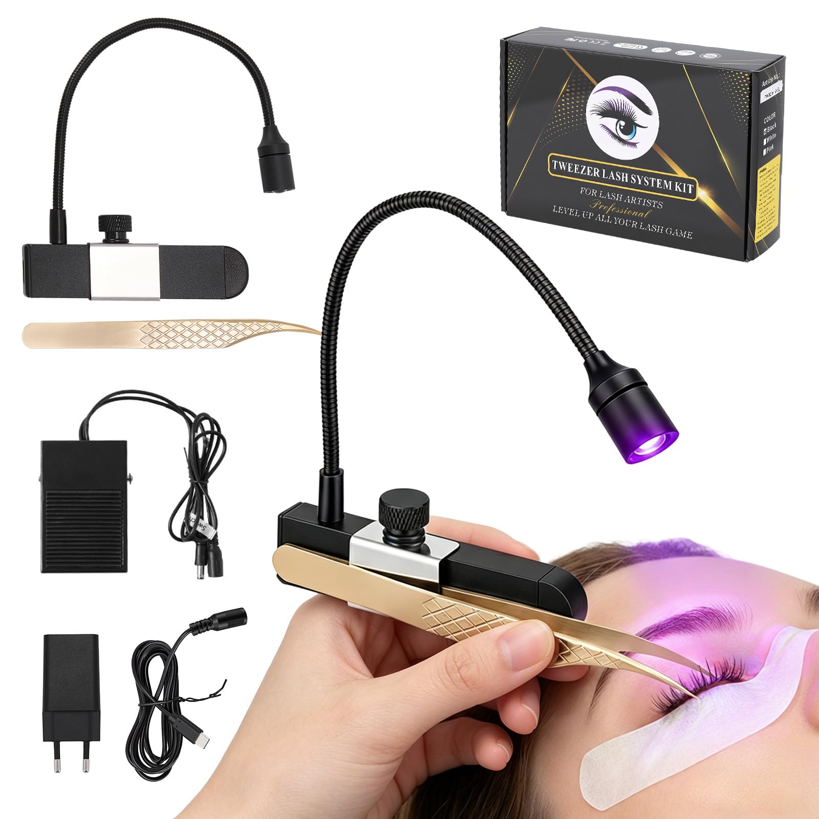 Wimpern Lampe, 1.8W Wimpernlampe UV-Licht Satz Handheldnagelheilungslampe für Lichthärtenden Wimpernlicht 2-3 Sekunden Ausgehärtet für Wimpernverlängerungen mit Fußschalter Pinzetten Schwanenhals