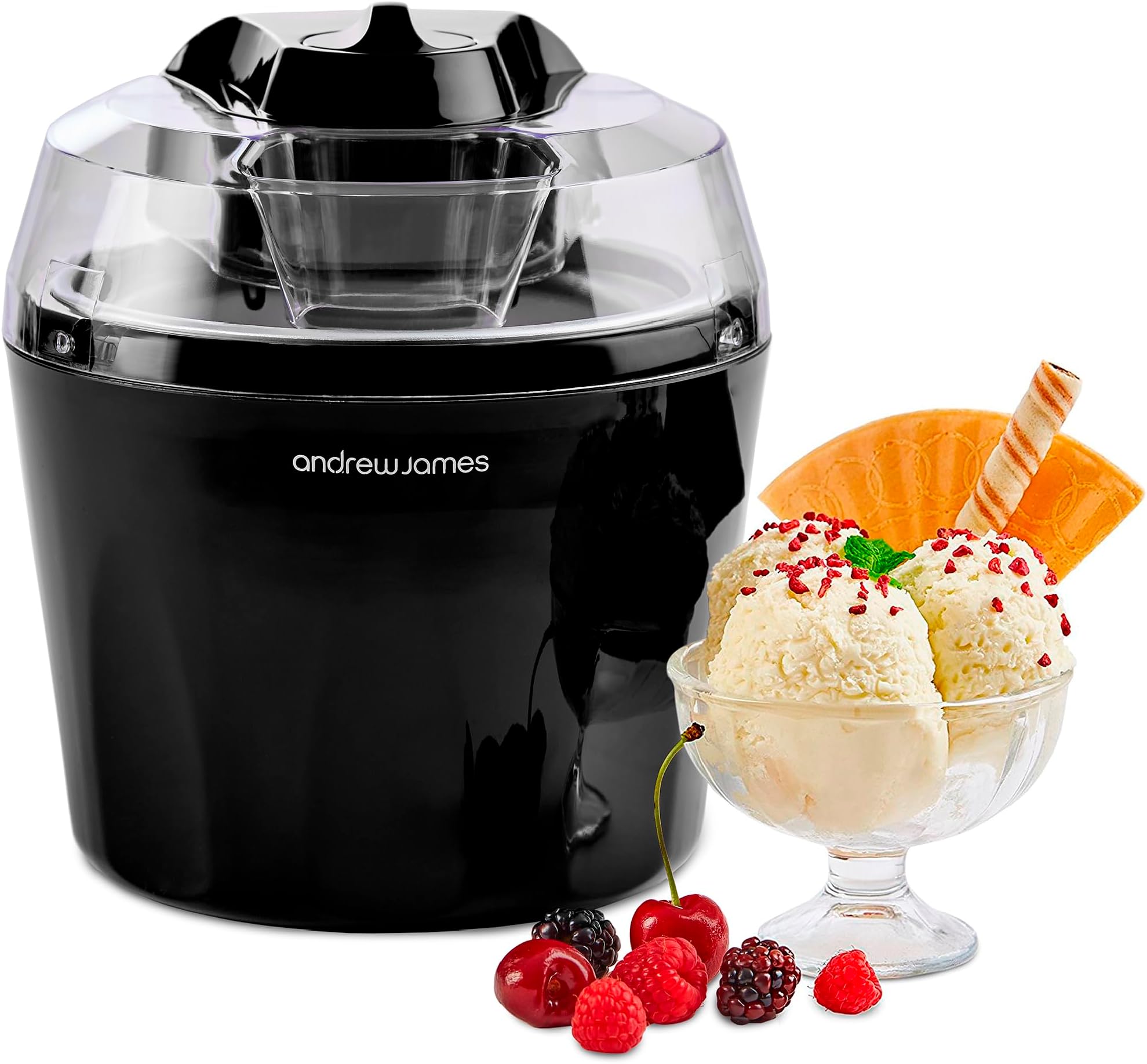 Andrew James Ice Cream Maker 1.5L – Ice-cream Maker, Gelato & Sorbet Machine for Home, Homemade Frozen Dessert Maker Ice Cream Machine, Ready in 20 Minutes – Black