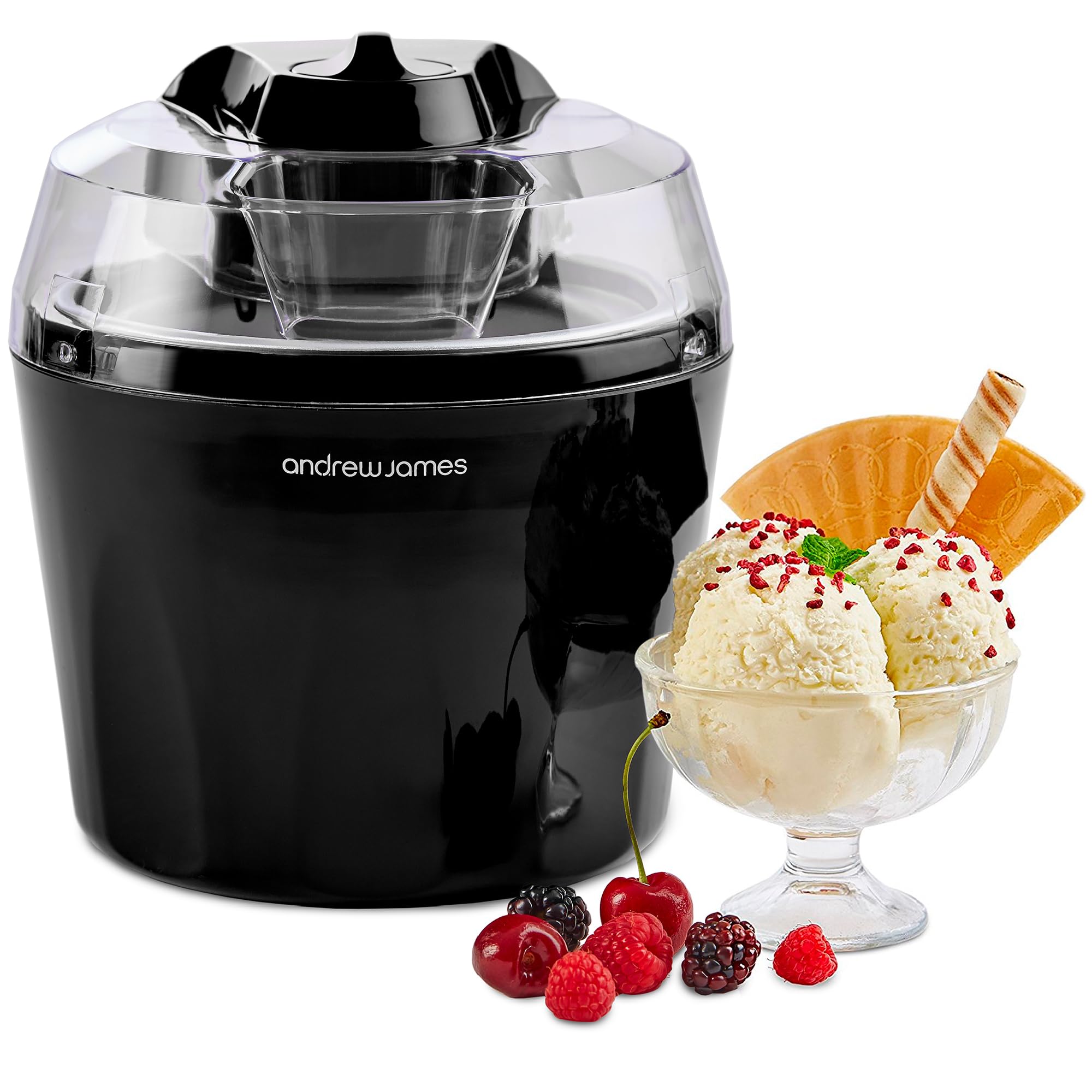Andrew James Ice Cream Maker 1.5L – Ice-cream Maker, Gelato & Sorbet Machine for Home, Homemade Frozen Dessert Maker Ice Cream Machine, Ready in 20 Minutes – Black