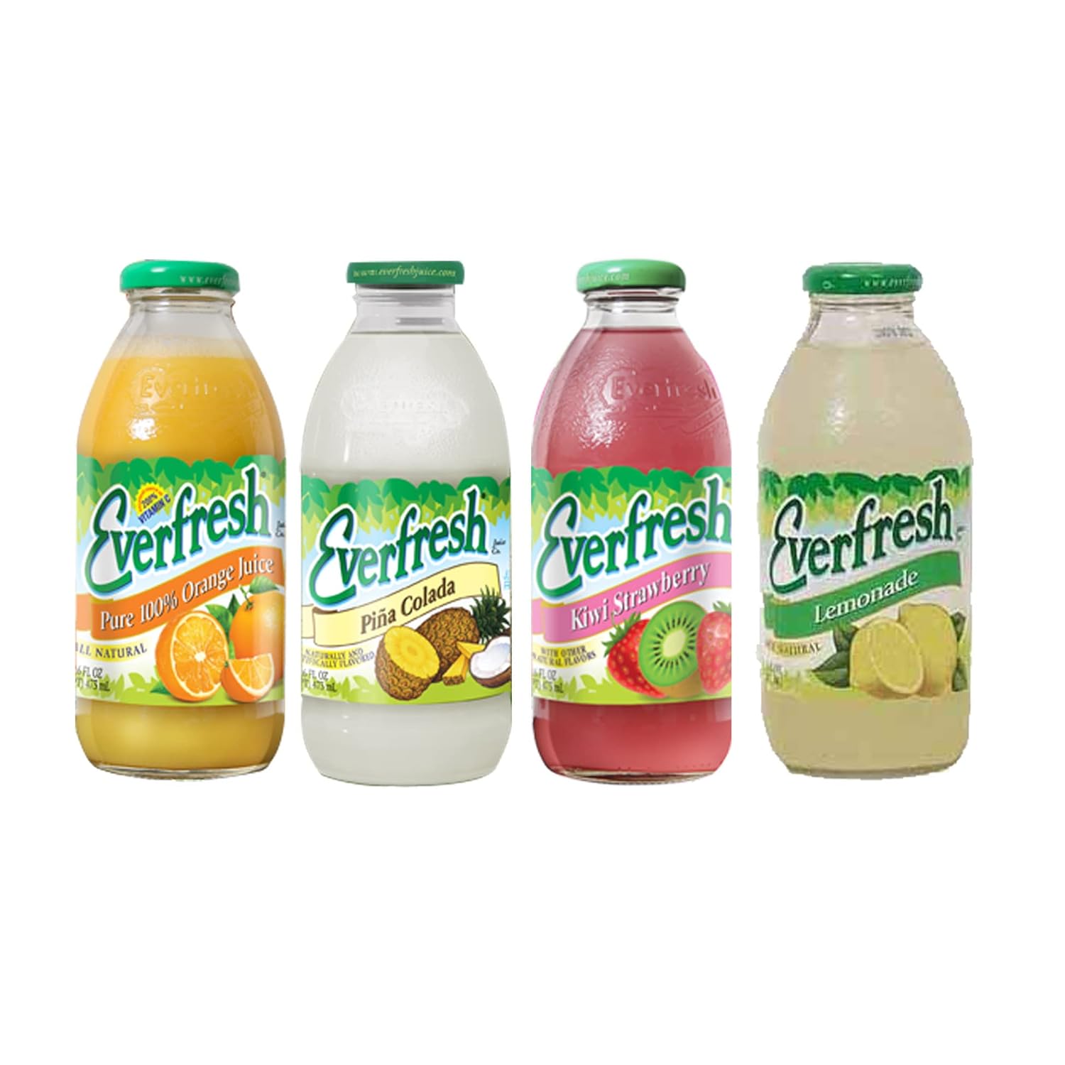 BeeQ Box - (Pack of 8) Variety Everfresh Juice, 8 Differnt Flavors : Peach Watermelon, Grape, Apple, Mango Carrot, Orange, Pina Colada, Kiwi Strawberry, Lemonade | 16 oz bottles