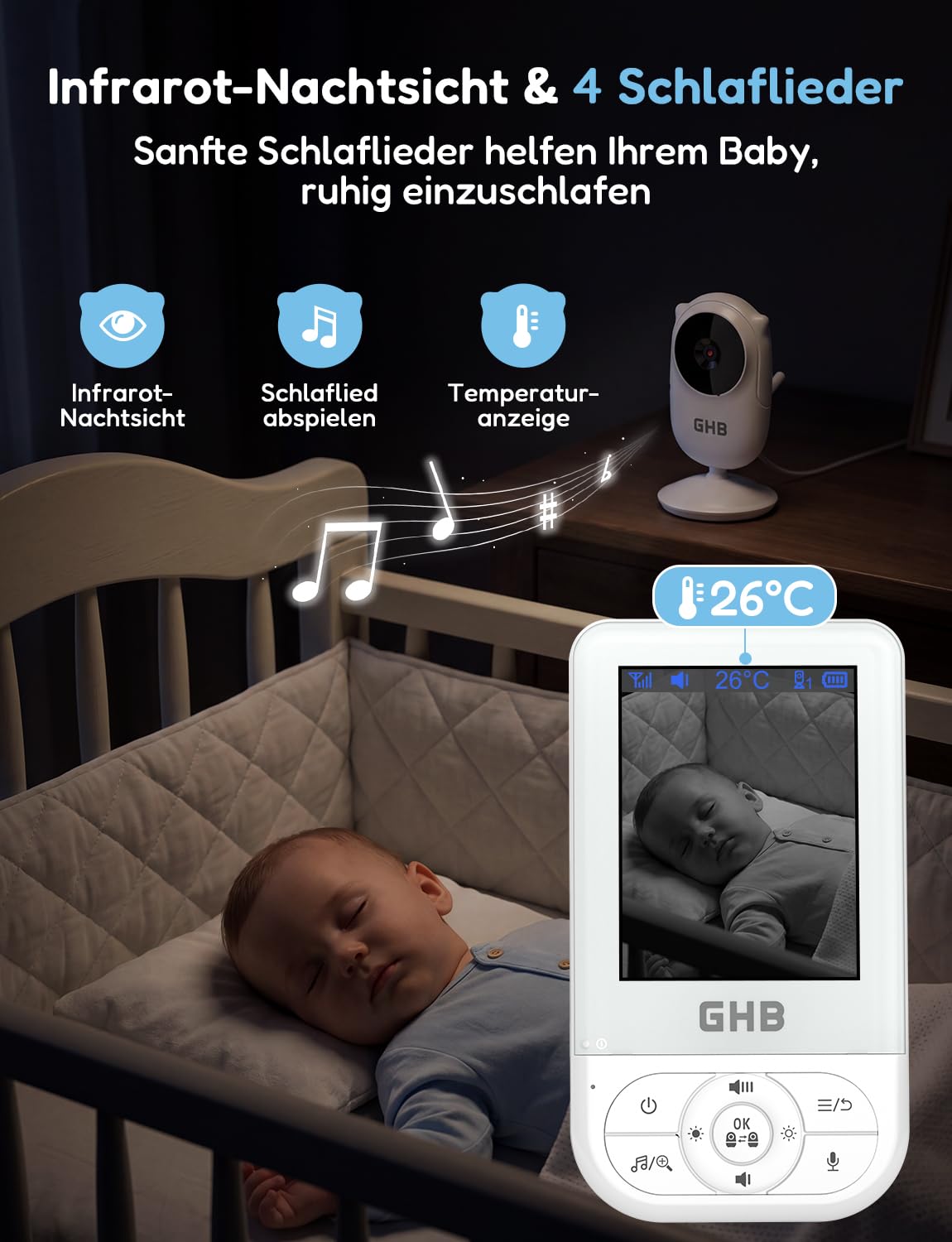 GHB Babyphone mit Kamera Baby Monitor 2,8 Zoll mit Nachtsicht VOX Schlaflieder Gegensprechfunktion Temperatursensor Max. 4 Kameras Unterstützt Weiß