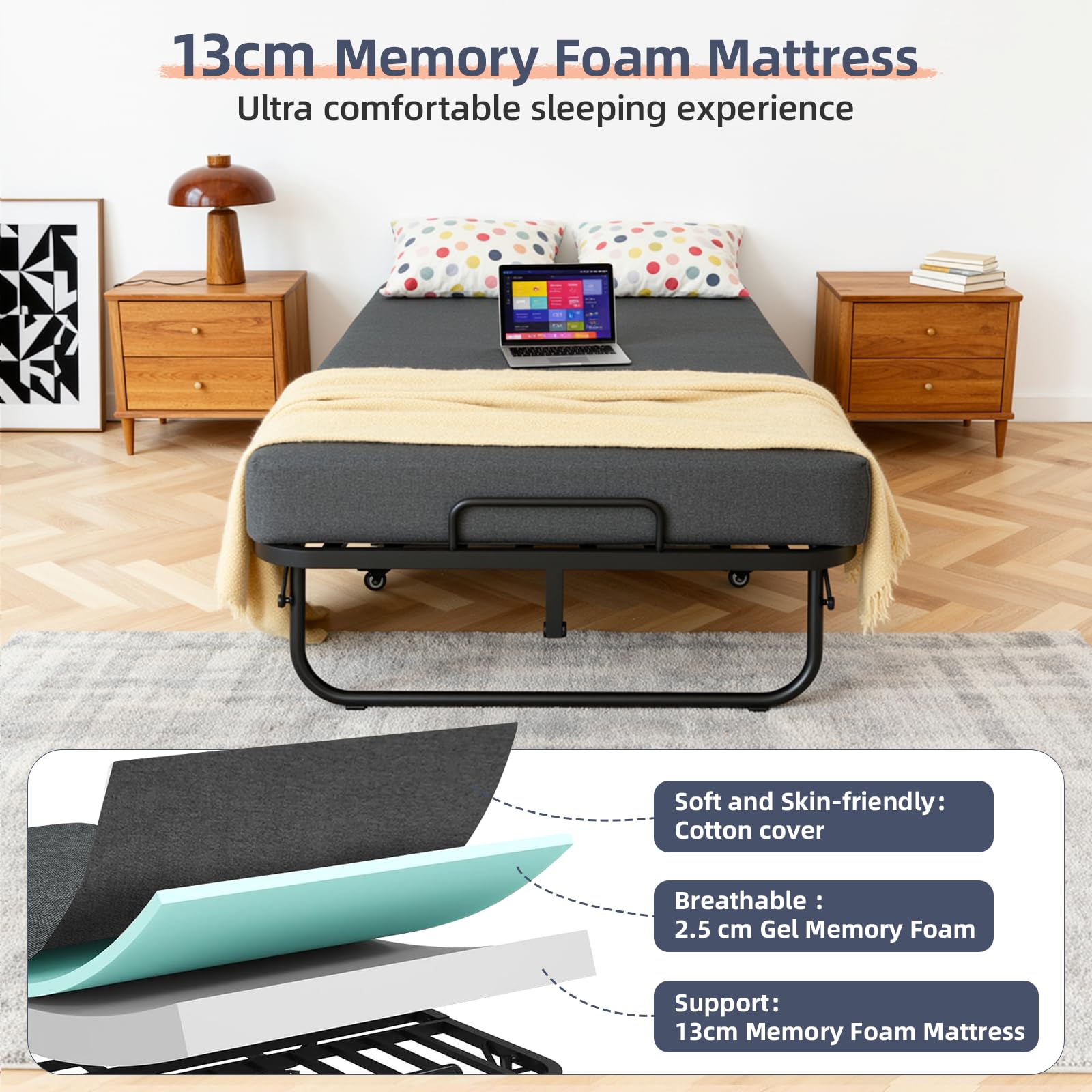 VOWNER Klappbett 200x90cm, Klappbares Gästebett für Erwachsene mit 13 cm Schaumstoff Memory-Matratze, Schutzhülle, Stabiler Metallrahmen und Rollen, Reisebett bis 200 kg belastbar