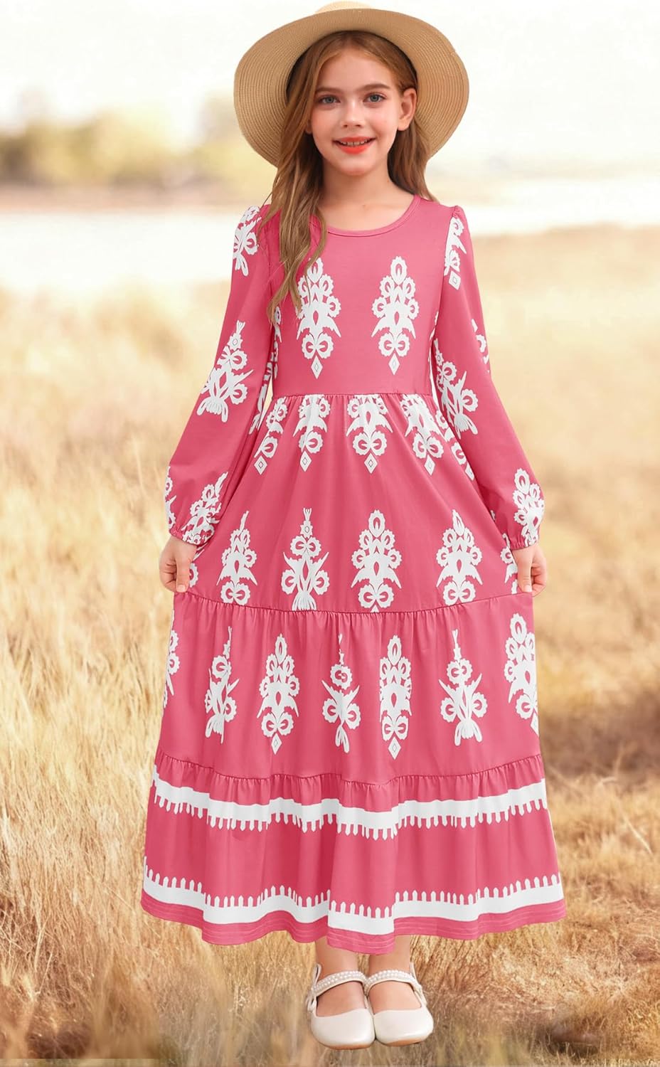 HOSIKA Girls Fall Maxi Dress Long Sleeve Boho Floral Tiered Ruffle A-Line Casual Holiday Dresses with Pockets for 6-12 Y - Image 3