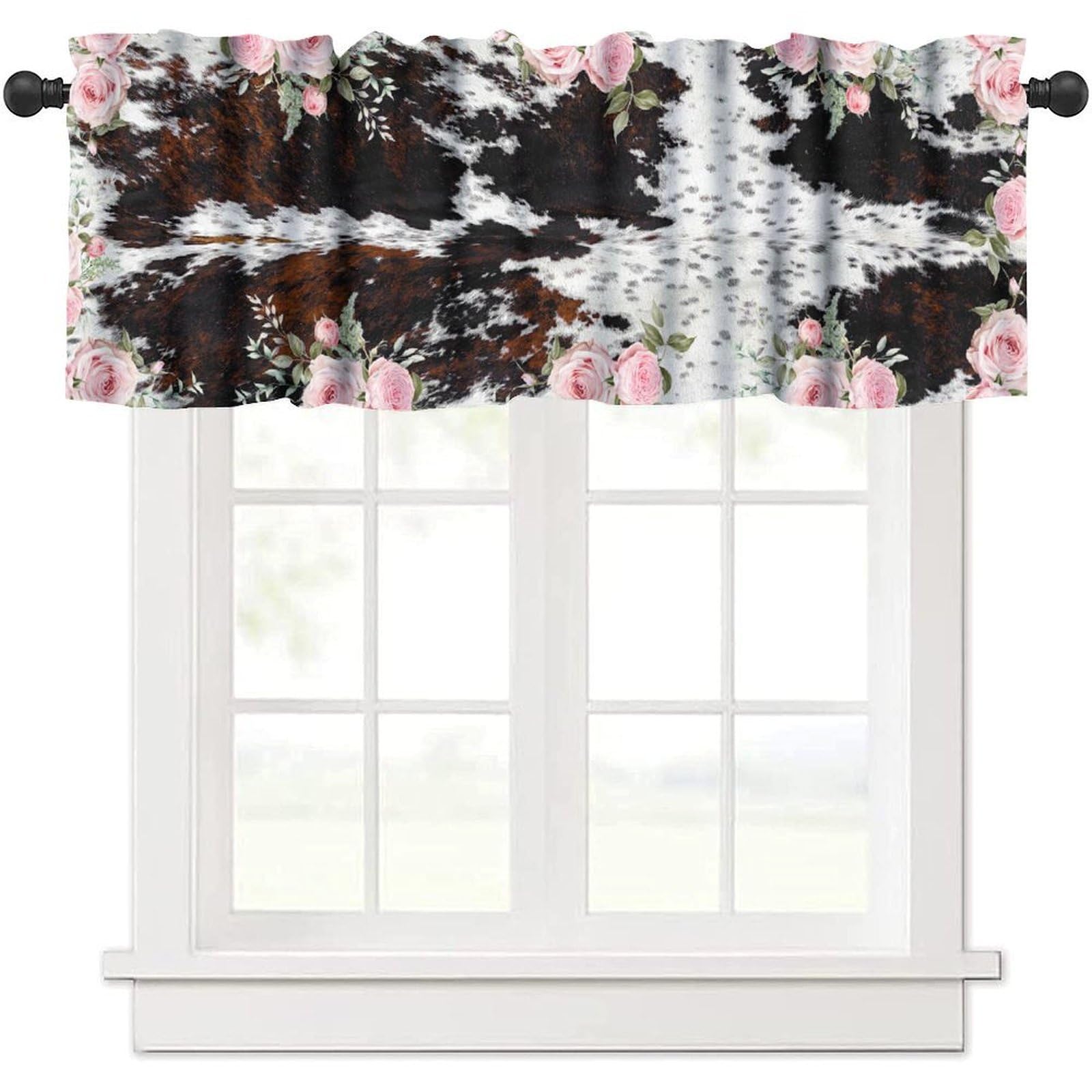 moderw Farmhouse Cowhide Print Valance Curtain, Vintage Black White Cow Fur Pattern Rustic Country Floral Window Valance Curtains for Kitchen Living Room 54x18inch