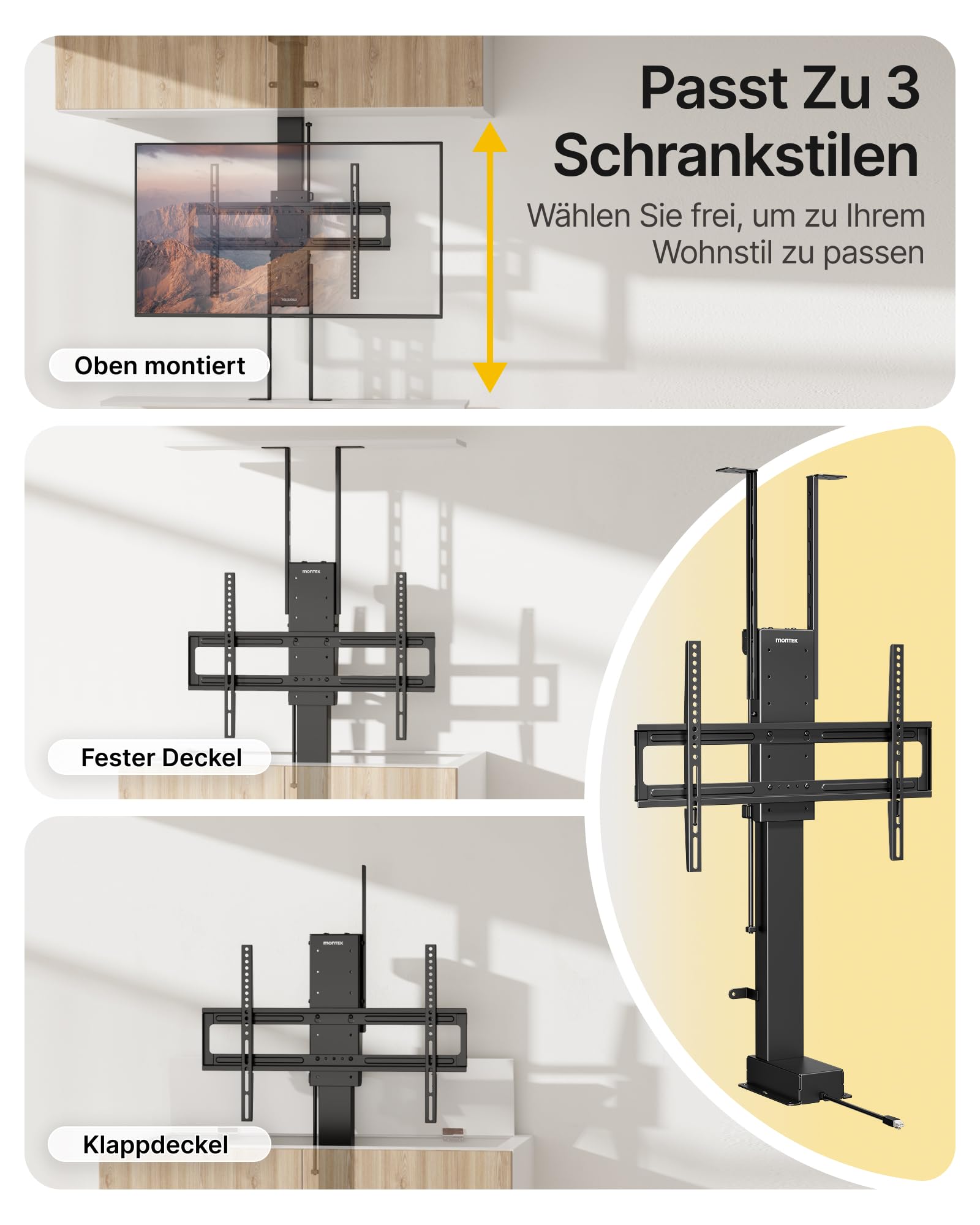 monTEK Elektrisch TV Lift zum Einbau für 37-65 Zoll bis 60kg, VESA 600x400 | mit Funkfernbedienung, Tuya-App+Voice Control, Motorisierter TV Lift mit Kollisionssensor, 90cm Hub, Decken-/Bodenmontage