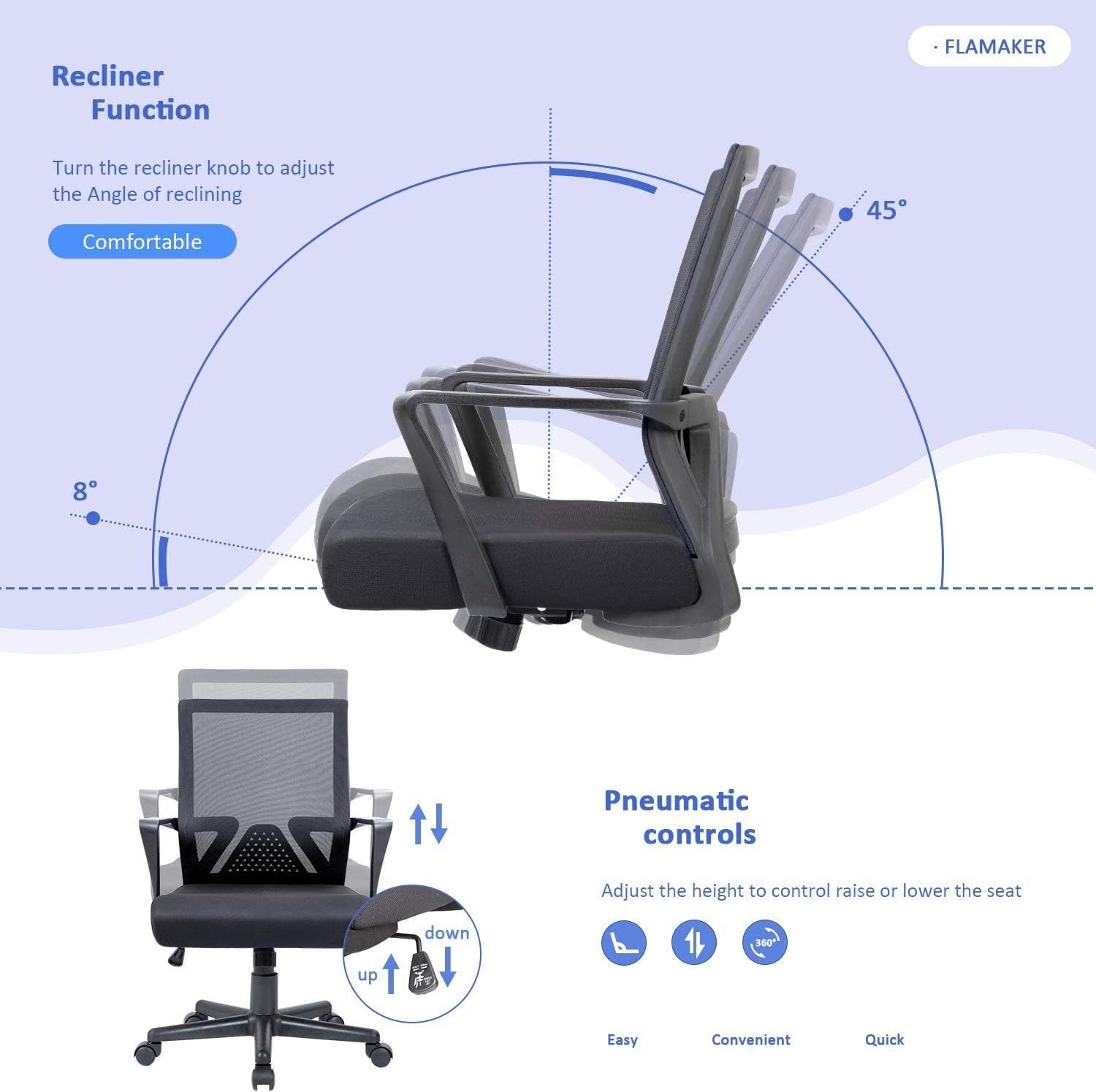 Flamaker Office Chair Mesh Computer Chair Mid Back Swivel Lumbar Support Desk Task Chair Ergonomic Executive Chair with Armrests and Thick Seat (Black)