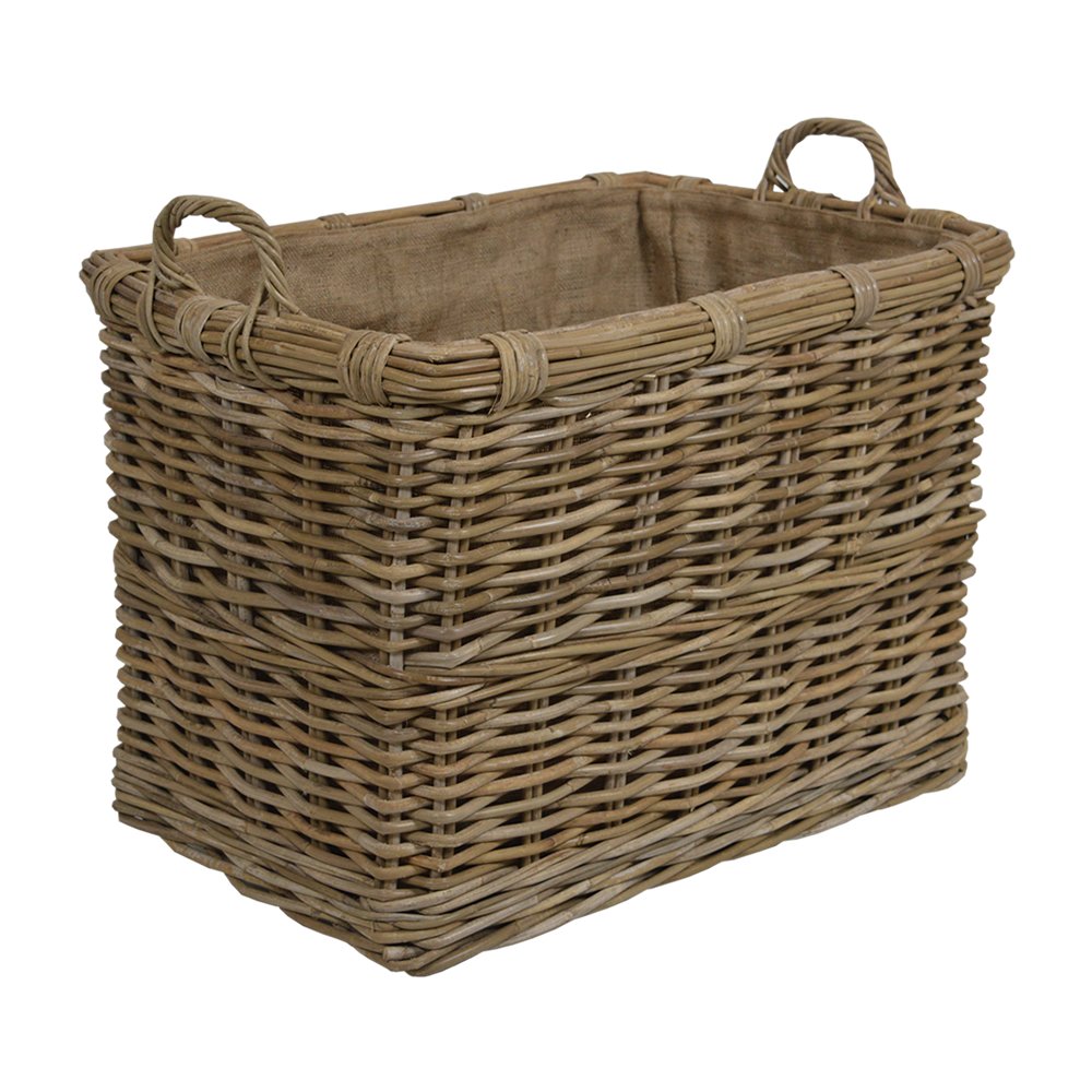 Wovenhill Natural Home Storage Kubu Rattan Log Basket With Hoop Handles, Wicker Firewood Storage Basket, Rectangular Wood Holder For Fireplace, Hearth & Fireside Living Room Decor, Brown