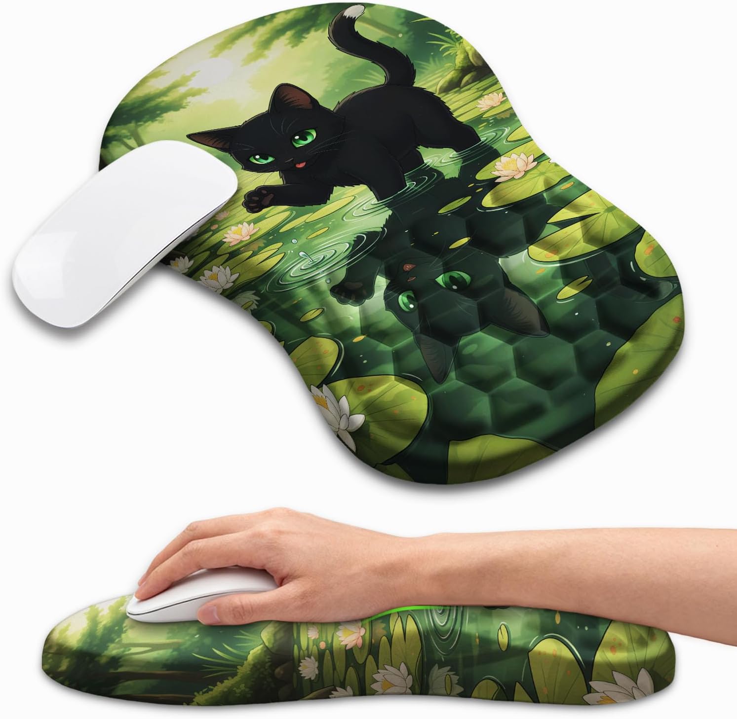 Ergonomic Mouse Pad with Wrist Rest, Memory Foam Wrist Support for Carpal Tunnel Pain Relief, Massage Design Mousepad and Non-Slip Base for Office and Gaming, 12x8 Inch, Black Cat