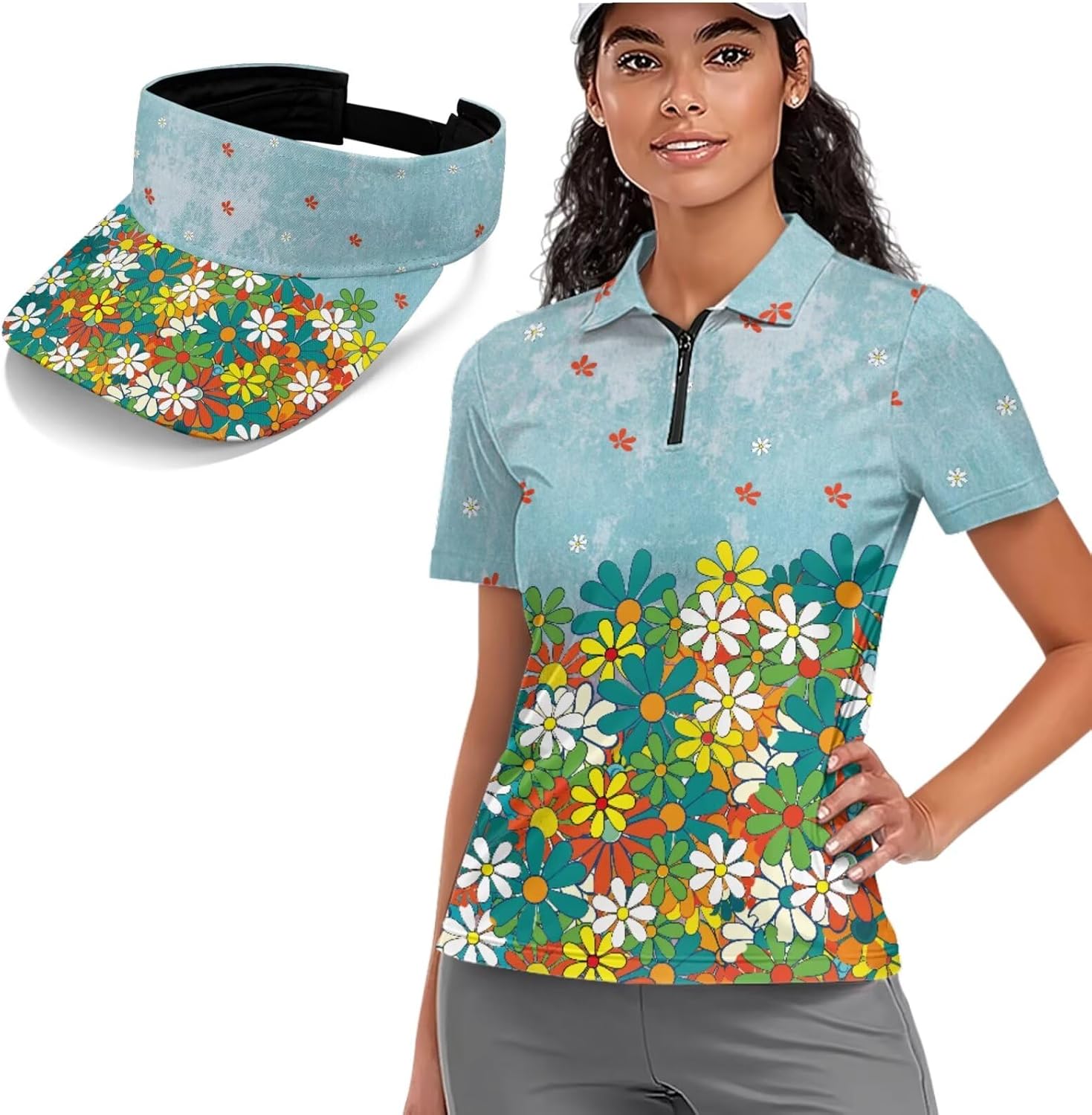 2 Pieces Women's Golf Polo Shirt with Outdoor Visor, Short Sleeve Half Zip Collar Lightweight Tennis Athletic Top