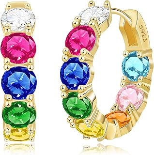 14K Gold Plated Hoop Earrings for Women,Silver Huggie Earrings for Women Cubic Zirconia Small Earring CZ Inside-Outside Hoop Earrings Clear,Hot Pink,Black,Red,Green,Multicolored Earrings